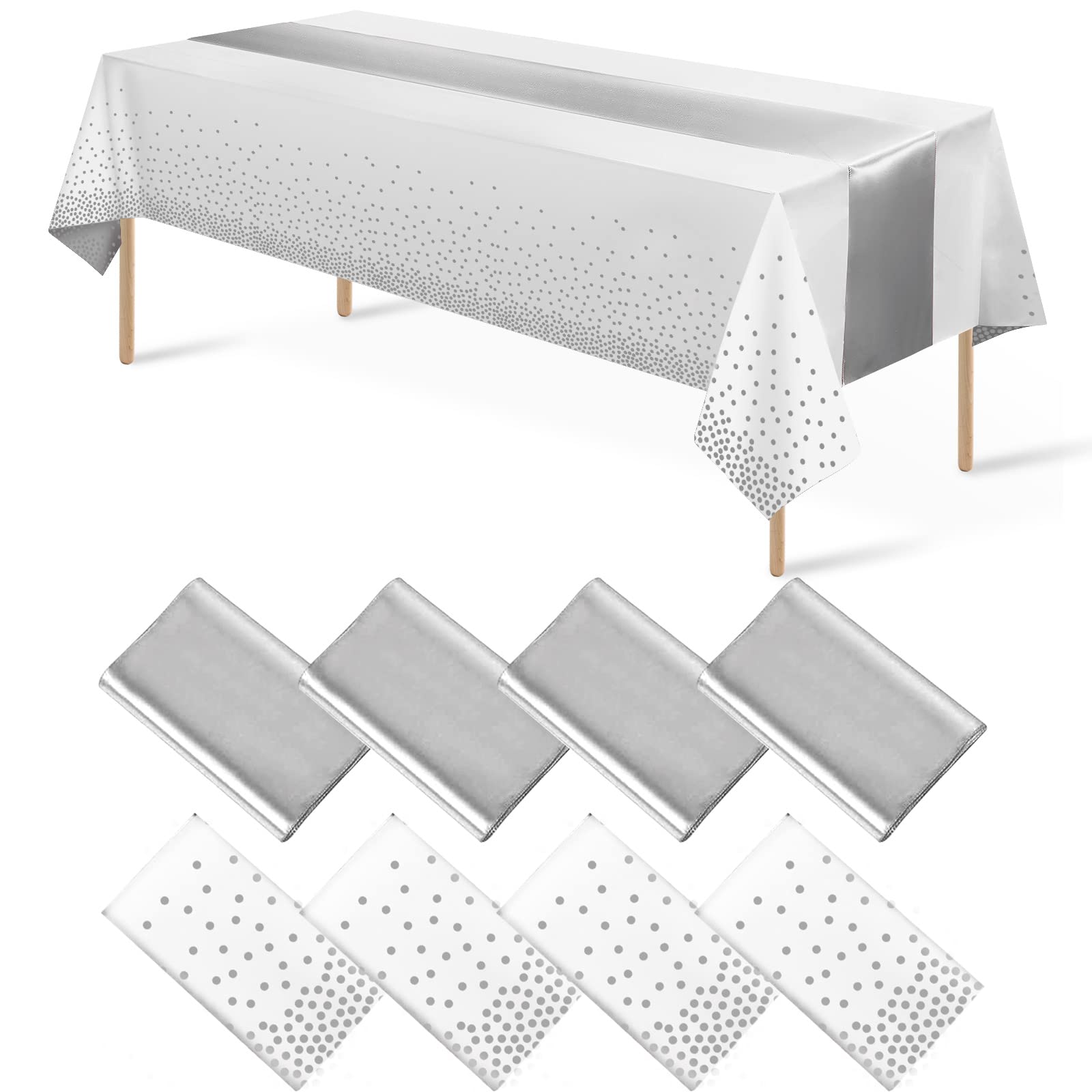 8Pack Disposable Plastic Tablecloths and Satin Table Runner Set White and Silver Dot Tablecloth Silver Satin Table Runner for We
