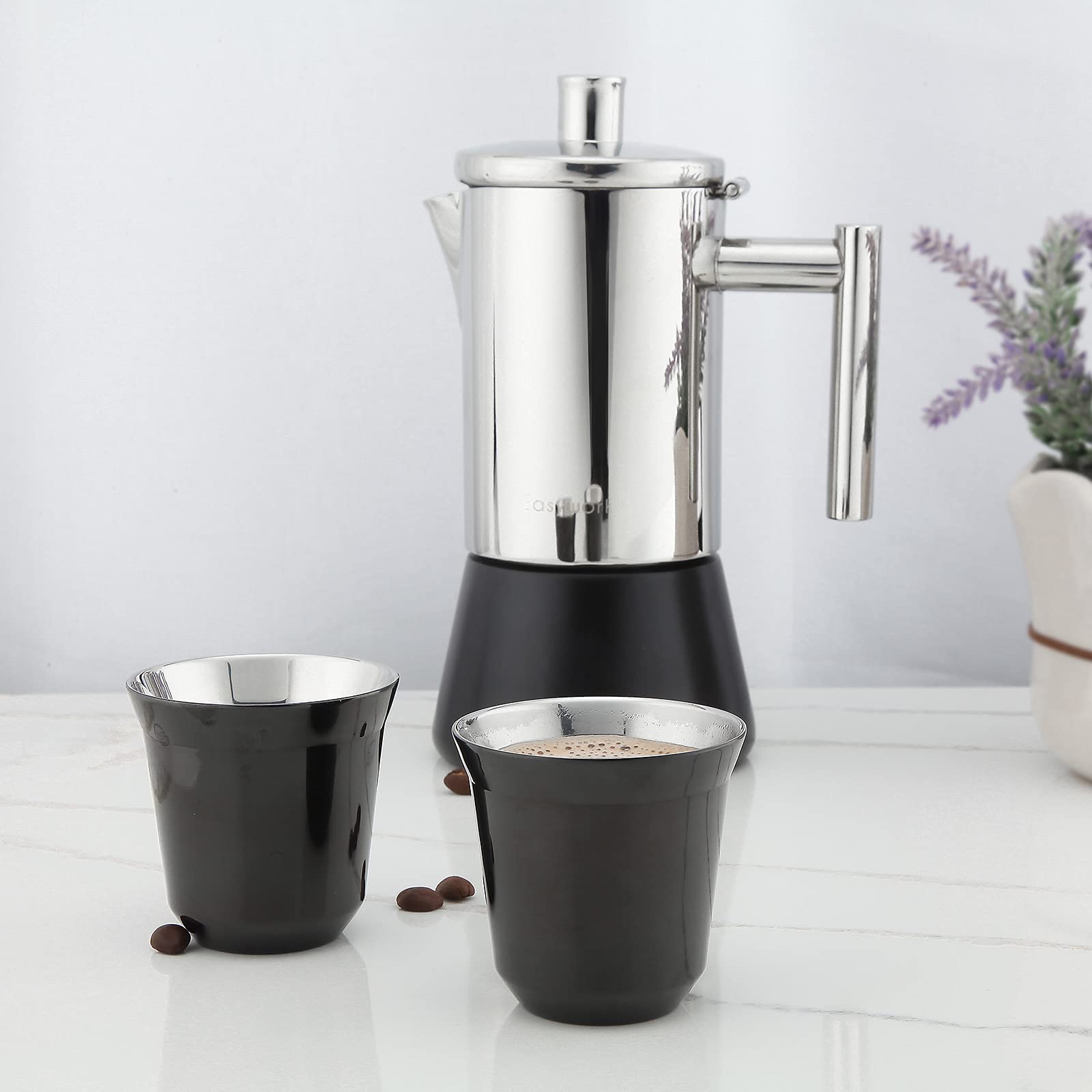 Easyworkz Stainless Steel Espresso Cup 2Pcs Set Double Wall Insulated Metal Demitasse Cups (Black, 5 Oz)