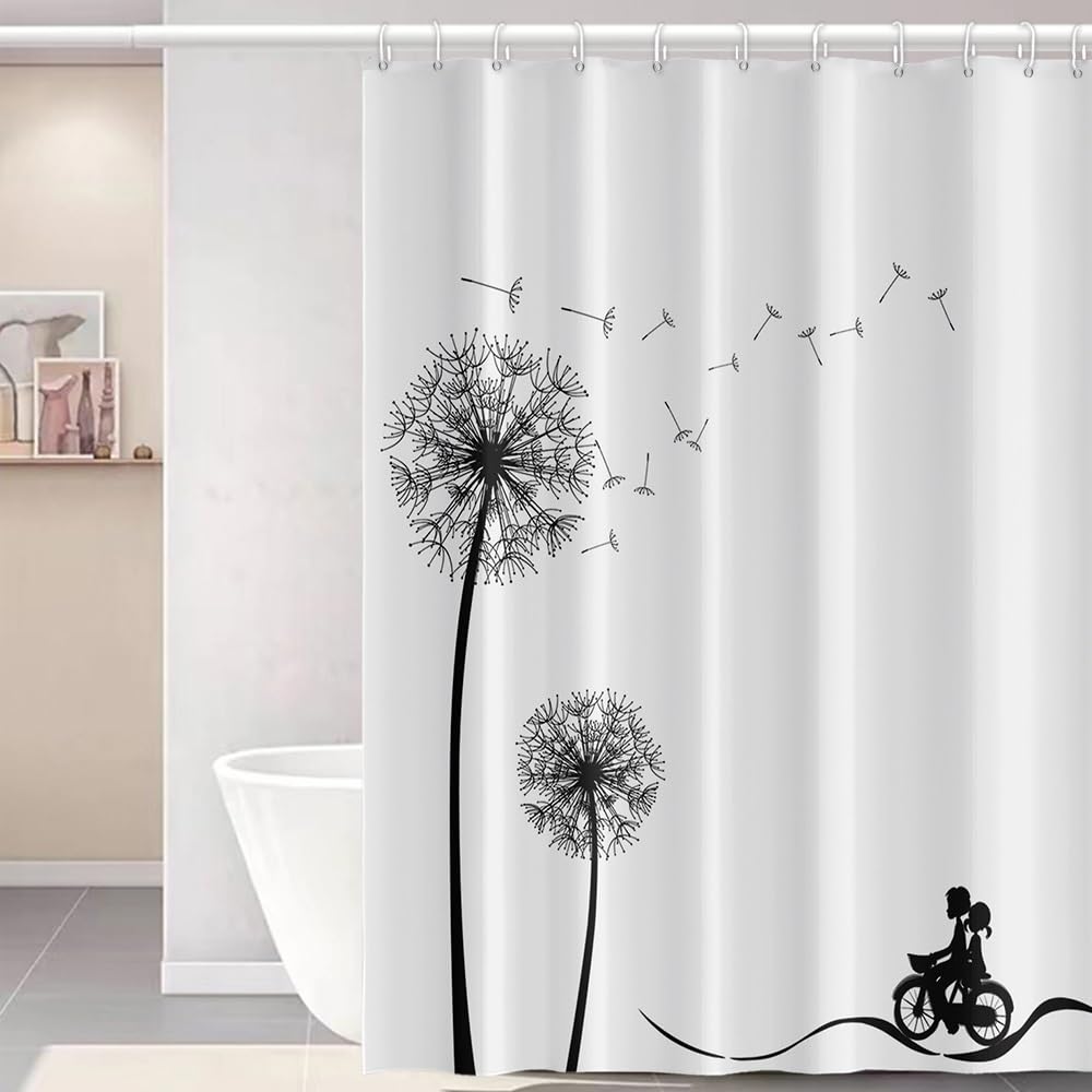 Uiiooazy Dandelion Fabric Shower Curtain For Bathroom Black White Shower Curtain Set Flying Dandelion Waterproof Cloth Bathtub S