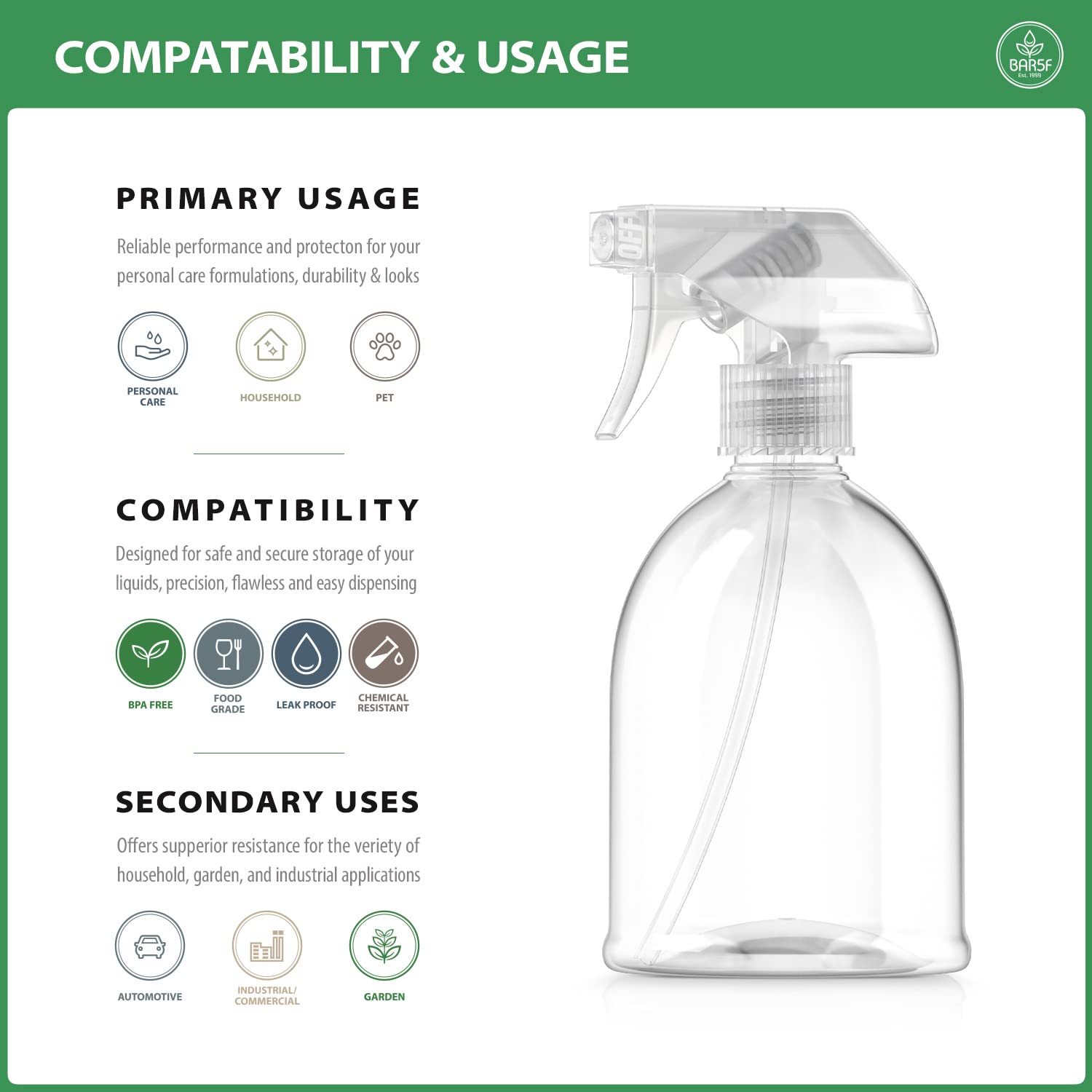 Bar5F Fine Mist Spray Bottle 16-Ounce Essential Oils, Gardening, Mild Cleaning Solutions, Pets, Plants, Cooking, Water Spray Bot