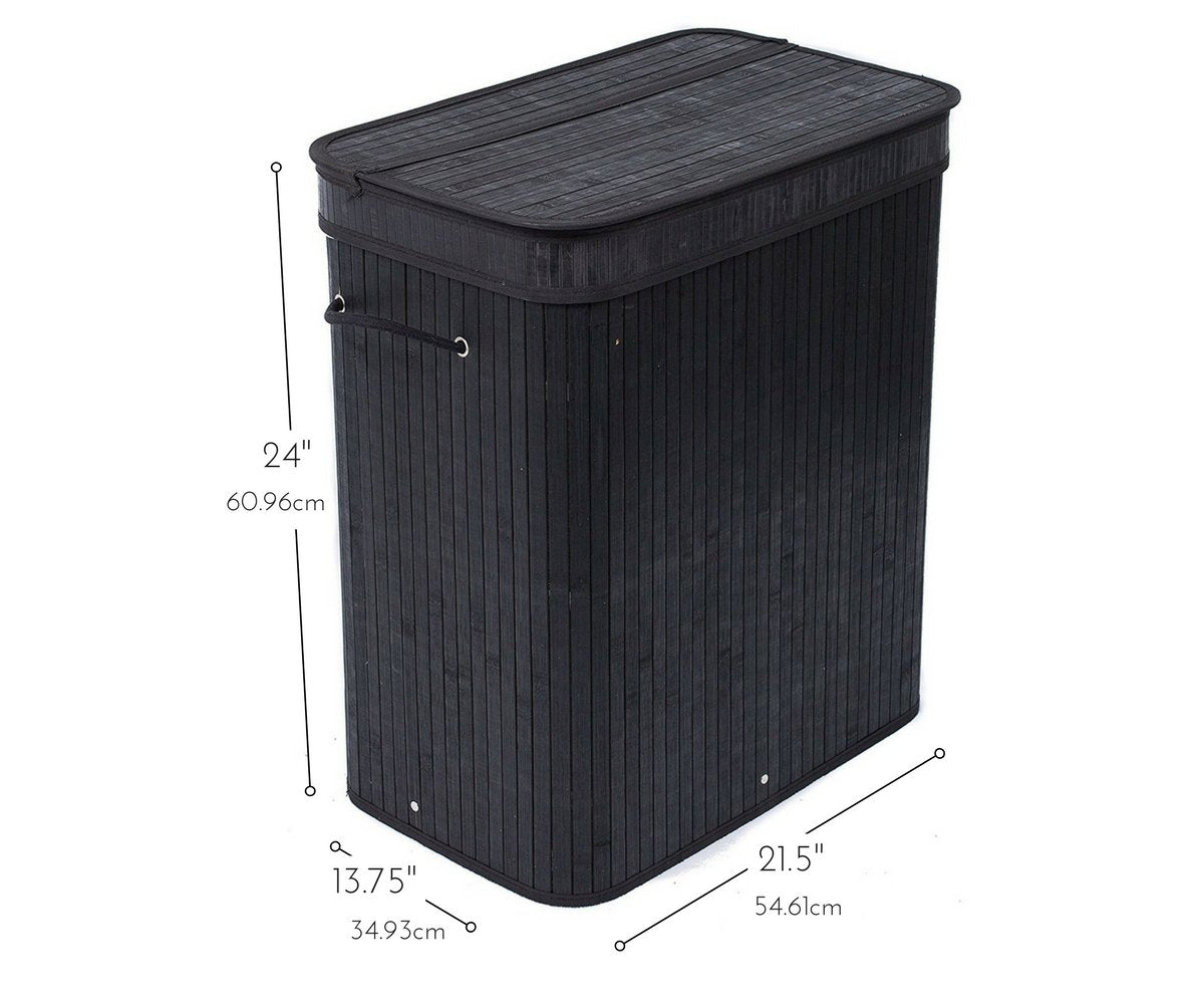 Birdrock Home Double Laundry Hamper With Lid And Cloth Liner - Bamboo - Black - Easily Transport Laundry Basket - 2 Section Coll