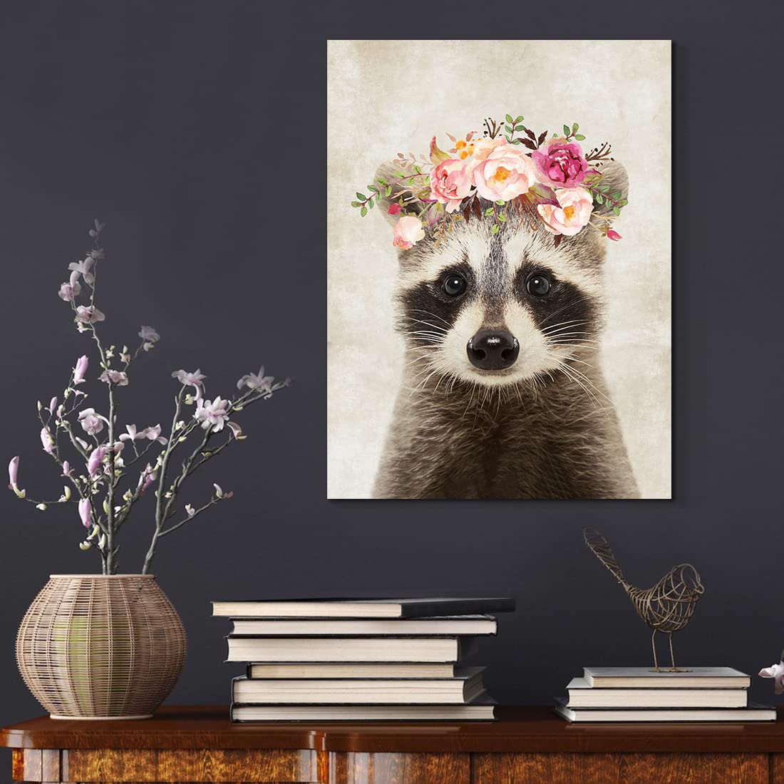 Oridomy Cute Raccoon Canvas Painting Retro Animal Portrait Wall Art Decor Funny Raccoon With Garland Picture Framed Safari Anima