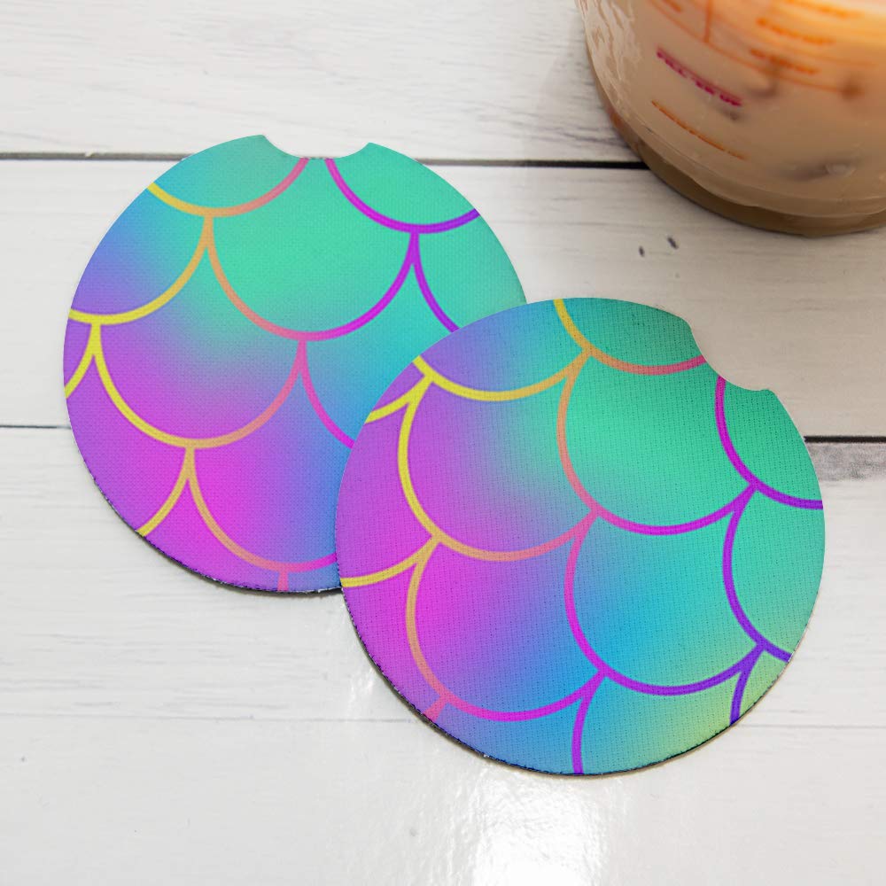 Blue Pink Ombre Mermaid Scales Car Coasters For Drinks Set Of 2 - Perfect Car Accessories. Coaster Measures 2.56 Inches With Rub