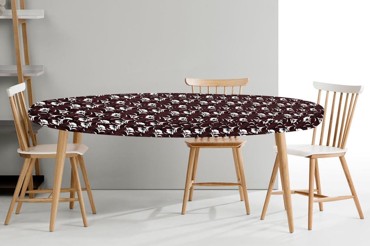 The Furnishing Tree Elastic Oval Dining Table Cover WxL 35x63 in Inches Polyester Floral Pattern Brown