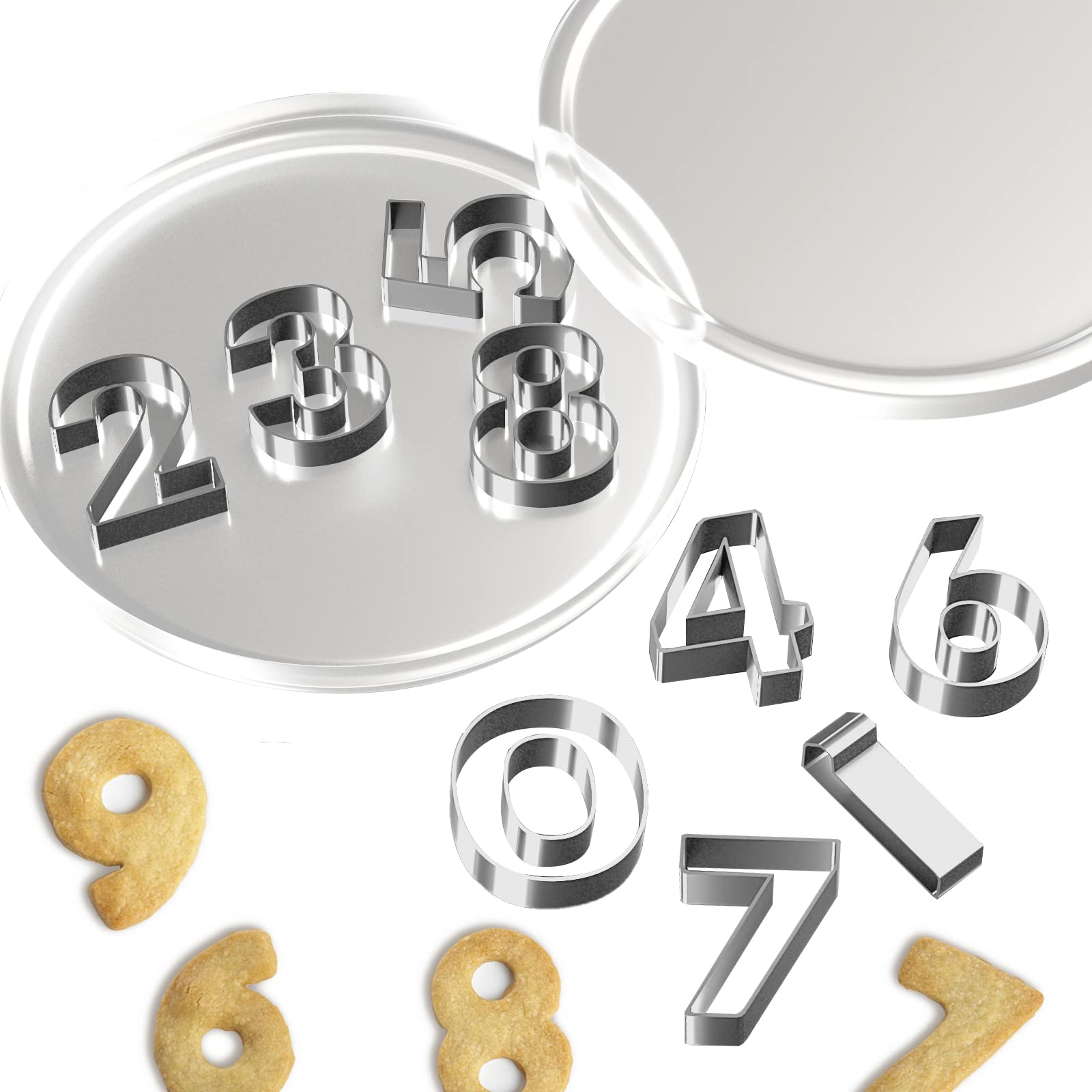 9 Pieces Mini Number Cookie Cutters Set 1.7'' Stainless Steel Cake Decorating Number Molds With Cut-Outs Small Number Cutters Ba