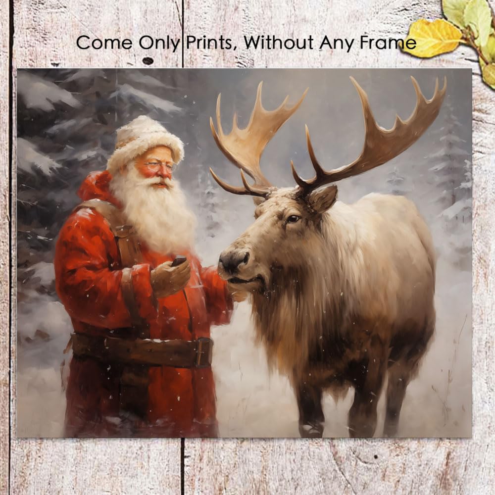 Santa'S Reindeer Print, Vintage Christmas Wall Art, Christmas Painting Decor Christmas Art, Santa Claus And Reindeer Xmas Home D