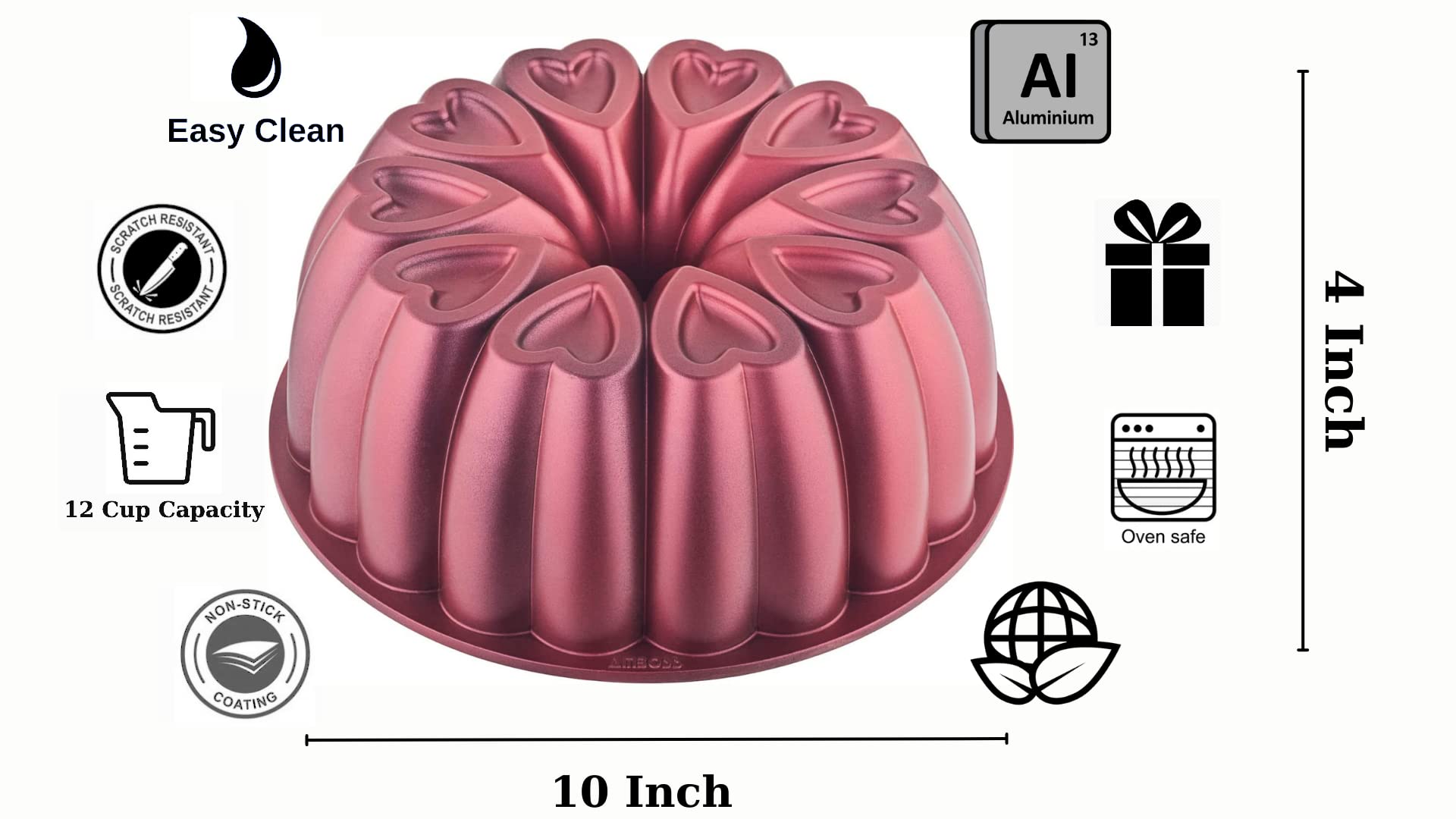 Mienca Heart Shape Aluminum Cake Pan, Titanium Coating, Non-Stick, 12 Cups, Heavy Duty, Mothers Day Bundt Cake Pan, 10 Inch Baki