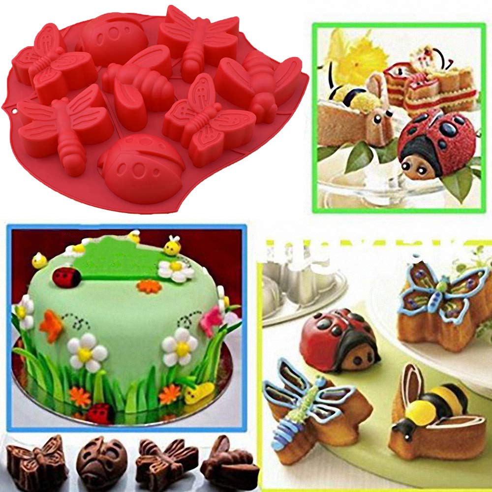Hiparty 2Pcs 8 Cavity Insect Butterfly Dragonfly Bee Ladybug Silicone Cake Molds Ice Tray Pudding Jelly Dessert Chocolate Mould