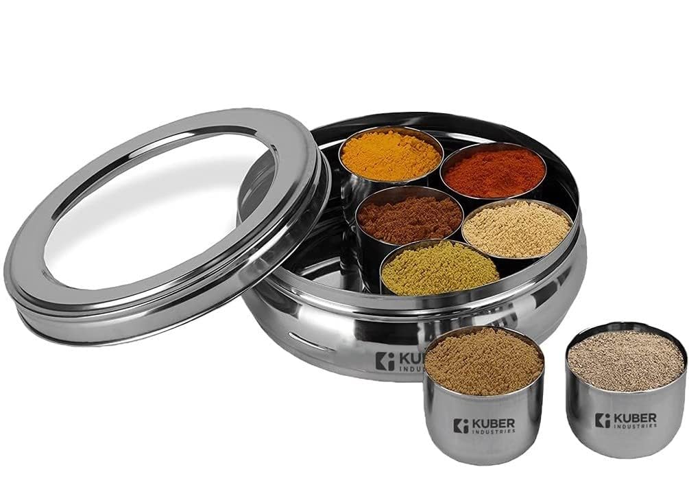 Kuber Industries 7 In 1 Stainless Steel Belly Shape Masala (Spice) Box I 7 Containers And Spoon I See Through Lid I Masala Daani