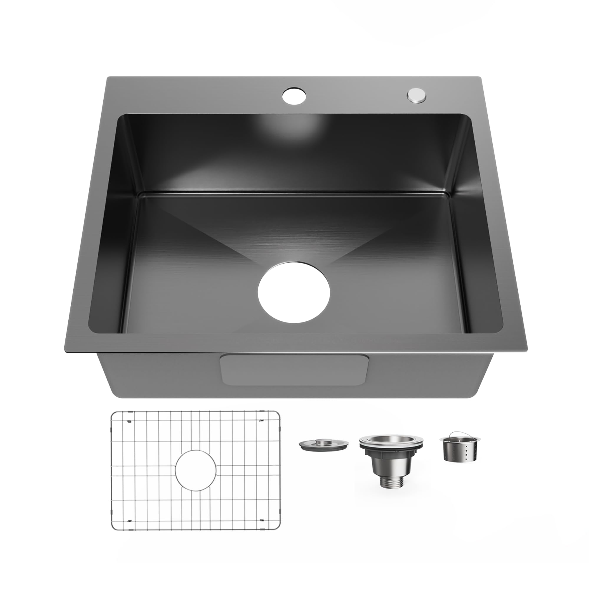 Bathenum 22'' X 18'' Drop In Kitchen Sink 304 Stainless Steel Single Bowl Topmount Bar Sink With Drain Kit And Bottom Grid, Blac