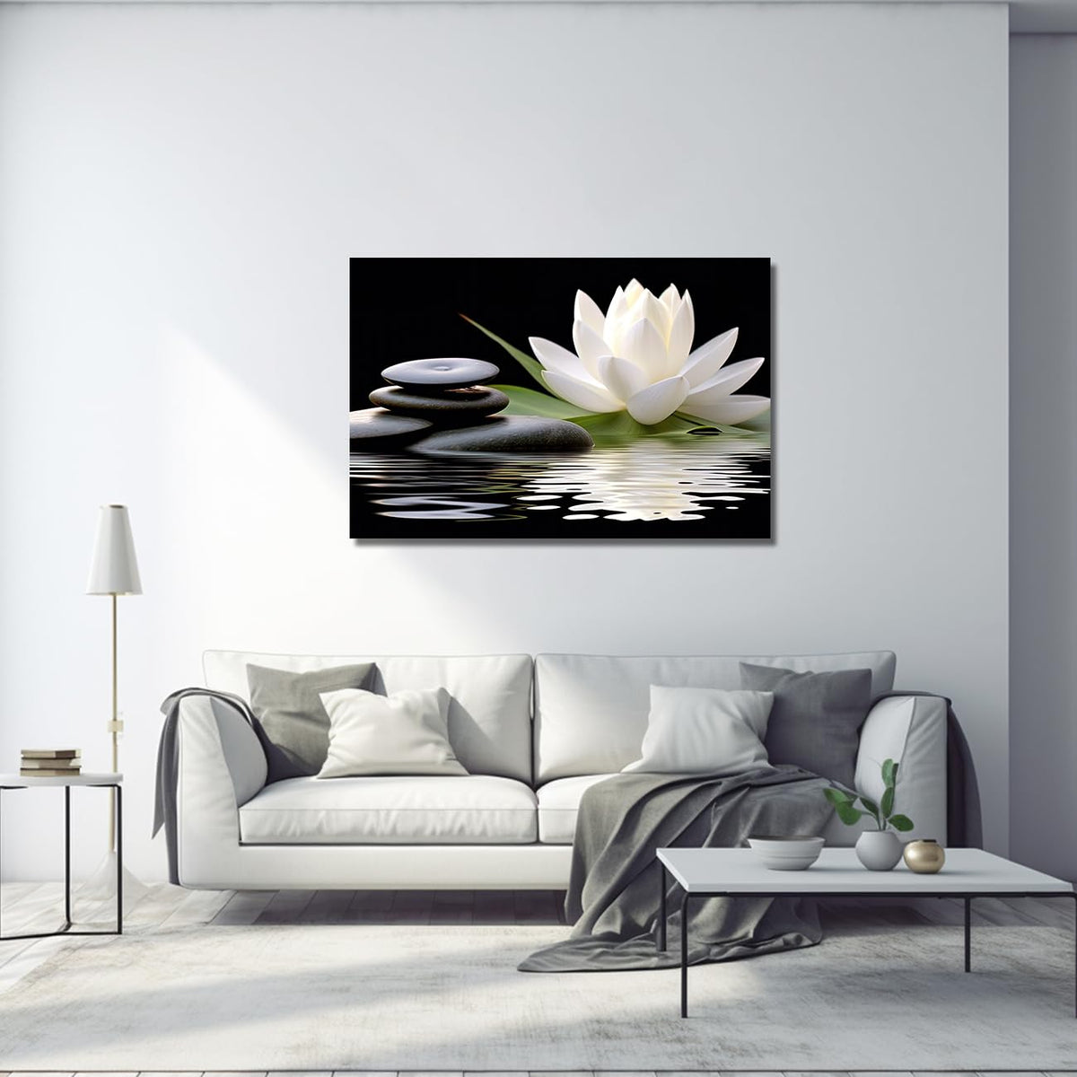 Lzimu Zen Canvas Wall Art White Lotus And Black Zen Stones Bloom In Wa ...
