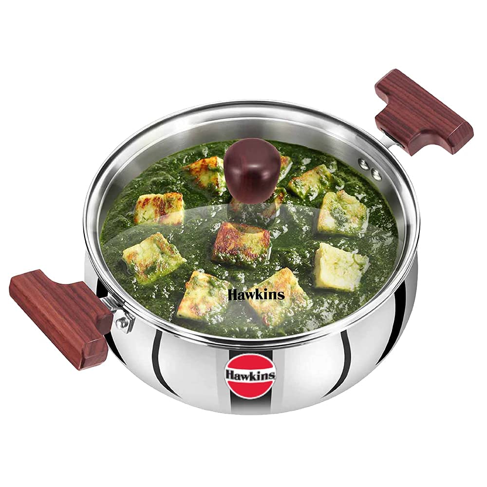 Hawkins 3 Litre Cook n Serve Handi, Triply Stainless Steel Handi with Glass Lid, Induction Sauce Pan, Biryani Handi, Saucepan, S