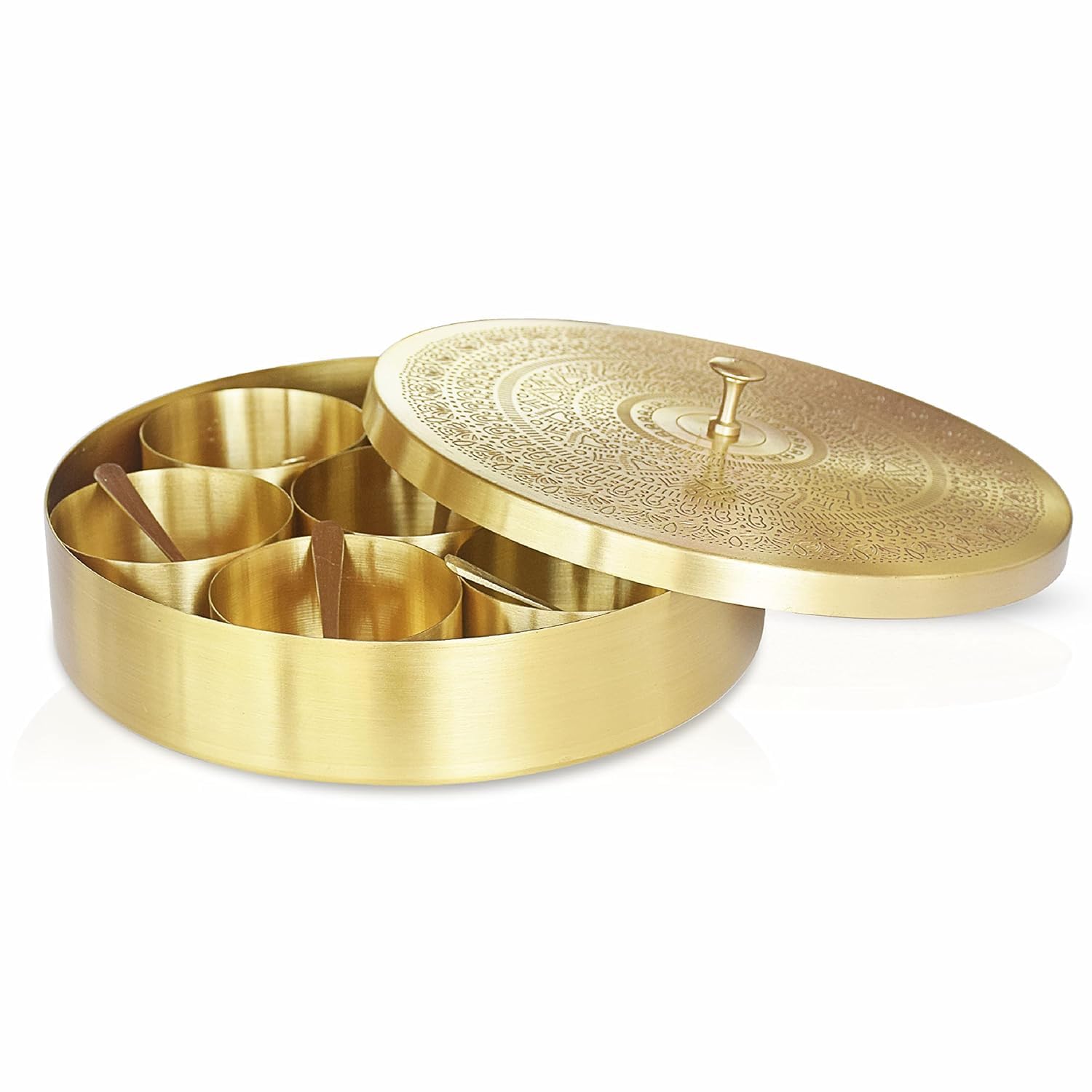 Eddika Brass Masala Box For Kitchen |Spices Storage Containers| Handmade Golden Masala Container/Spice Box With Embossed Lid 7 C