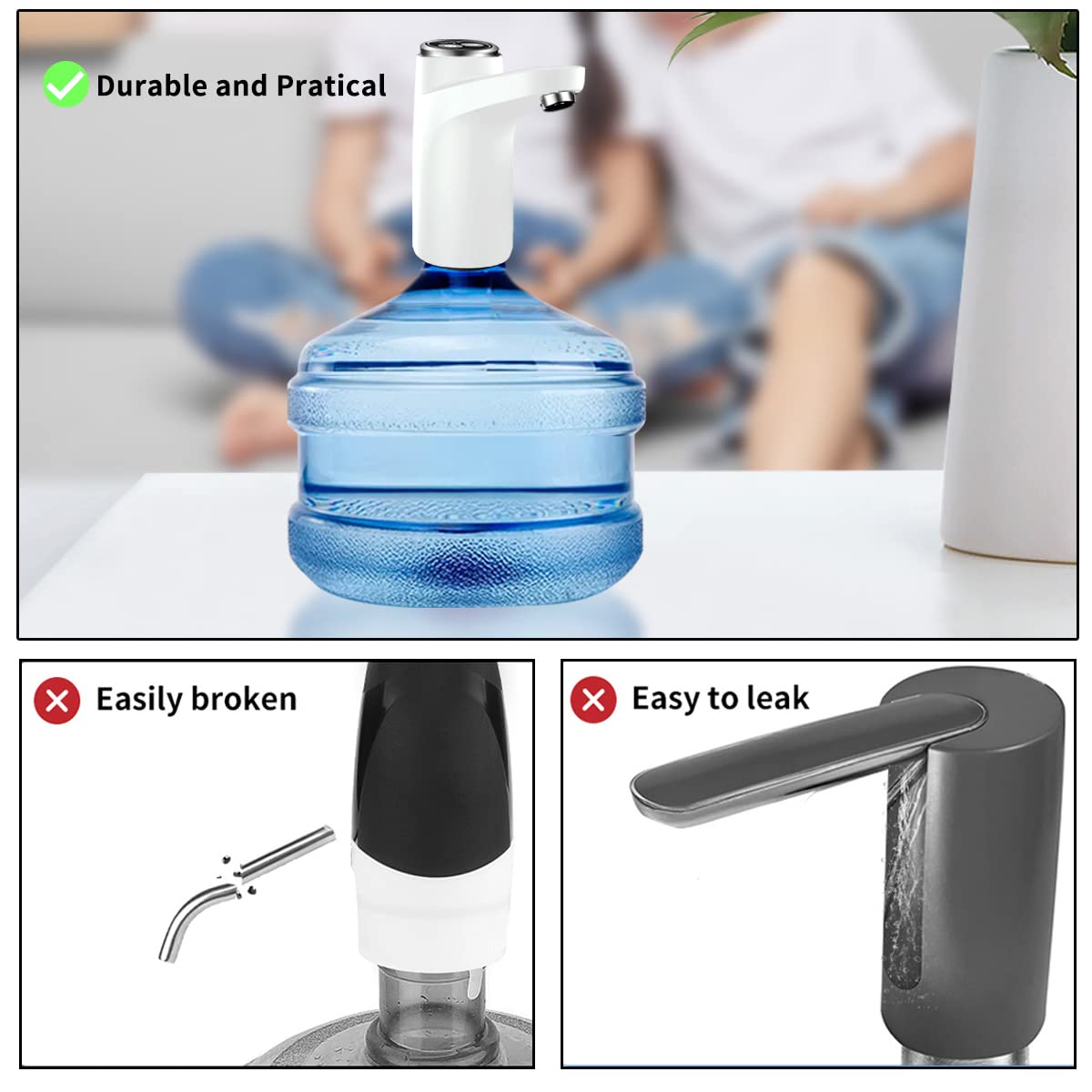 BIMVER Water Dispenser for 5 Gallon Bottle  DIY Quantitative Water Pump 3 Colors Power Light Portable USB Charging Bottle Pump Multipurpose Dispenser for Home Camping for 2-5 Gallon  White