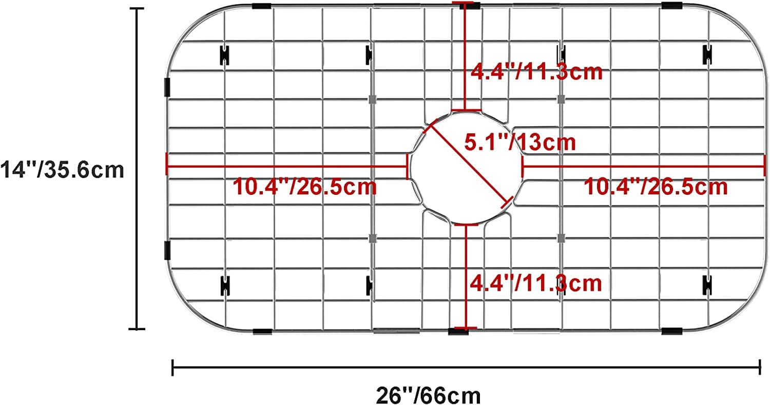 SANNO 26'' L X 14'' Sink Grid Protectors  Sink Protector Grid for Kitchen Sink Rack Bottom Grid Centered Drain Hole with Corner Radius  304 Stainless Steel