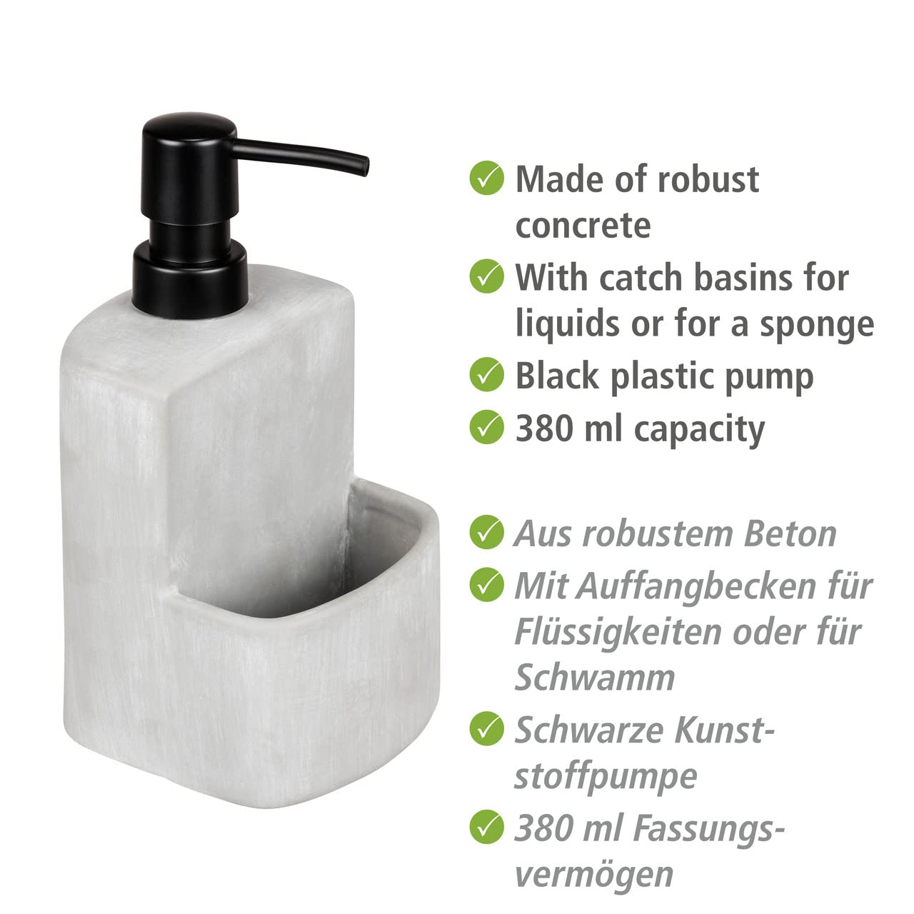 Wenko Festival Washing-Up Liquid Dispenser, Refillable Soap Dispenser Made Of Robust Concrete In Grey, Compartment For The Washi