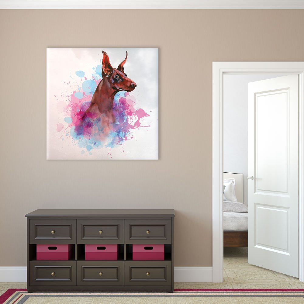 Wall26 Square Dog Series Canvas Wall Art - A Dobermann Painting With Color Splash Background - Giclee Print Gallery Wrap Modern