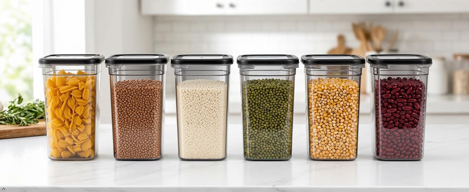 Agadu Airtight Food Storage Container, 1100 Ml, Transparent BpaFree Plastic Dabba, LeakProof Lid, Stackable Kitchen Jar (Pack 