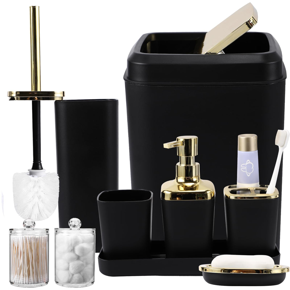 Black Bathroom Accessories Set, 9-Piece Black And Gold Bathroom Accessory Sets Complete With Trash Can, Tray, Soap Dispenser, So