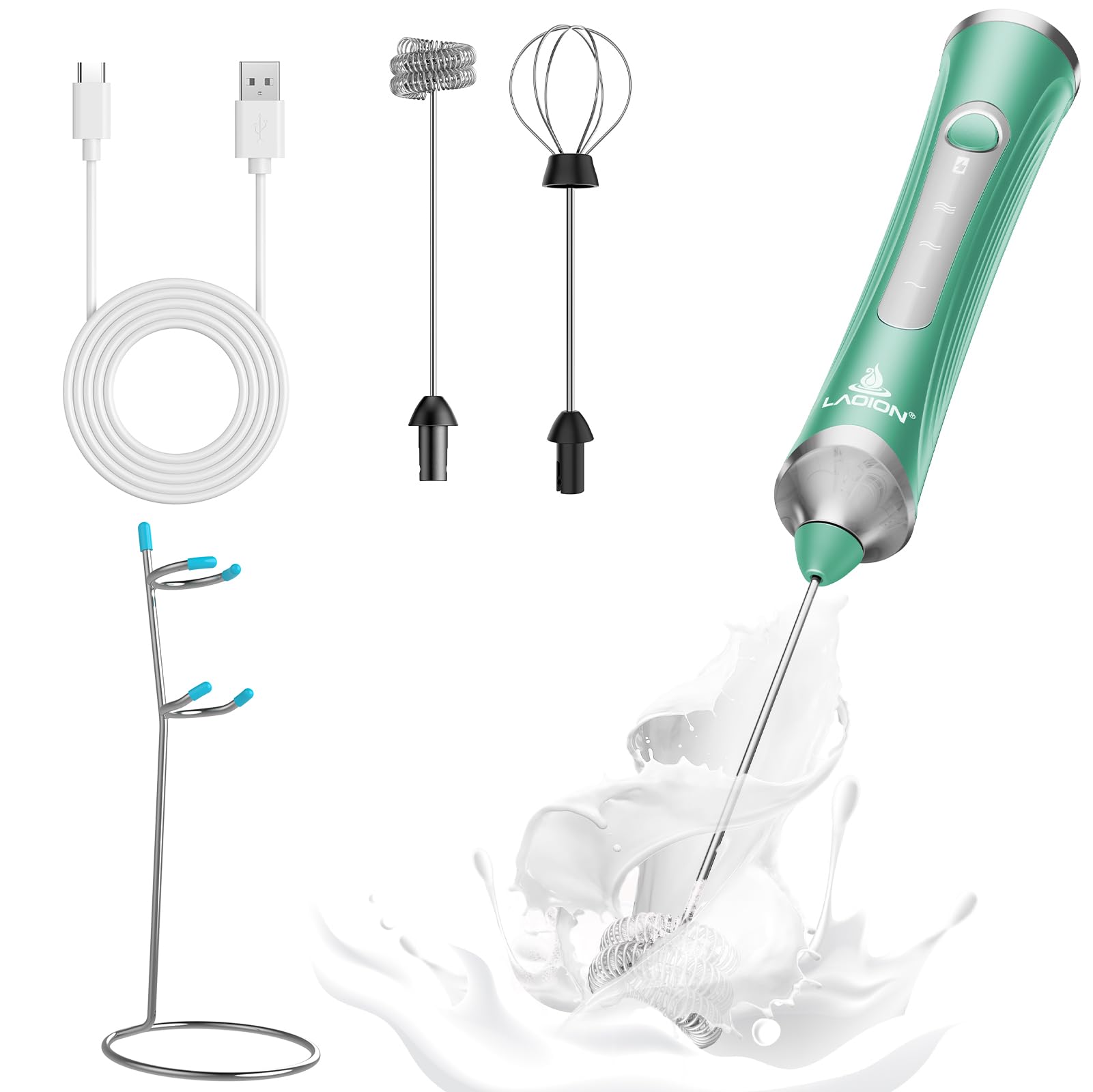 Laoion Rechargeable Frother Wand With Stand, Milk Frother With Detachable Stainless Steel Double Rings Whisk, 3-Speed Handheld E