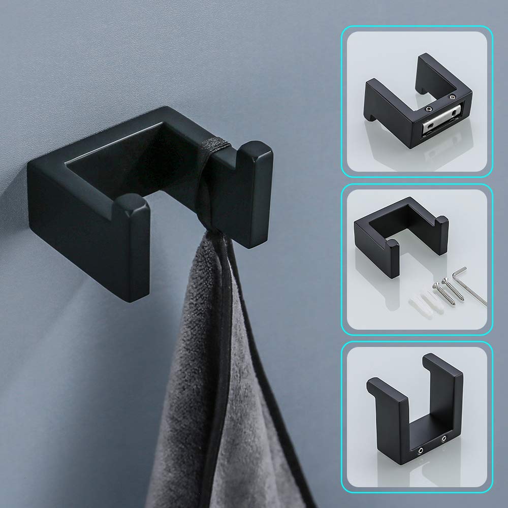 TNOMS 4 Pieces Bathroom Hardware Accessories Set Black Towel Bar Towel Holder Robe Hook Toilet Paper Holder Stainless Steel Q8-P4BK