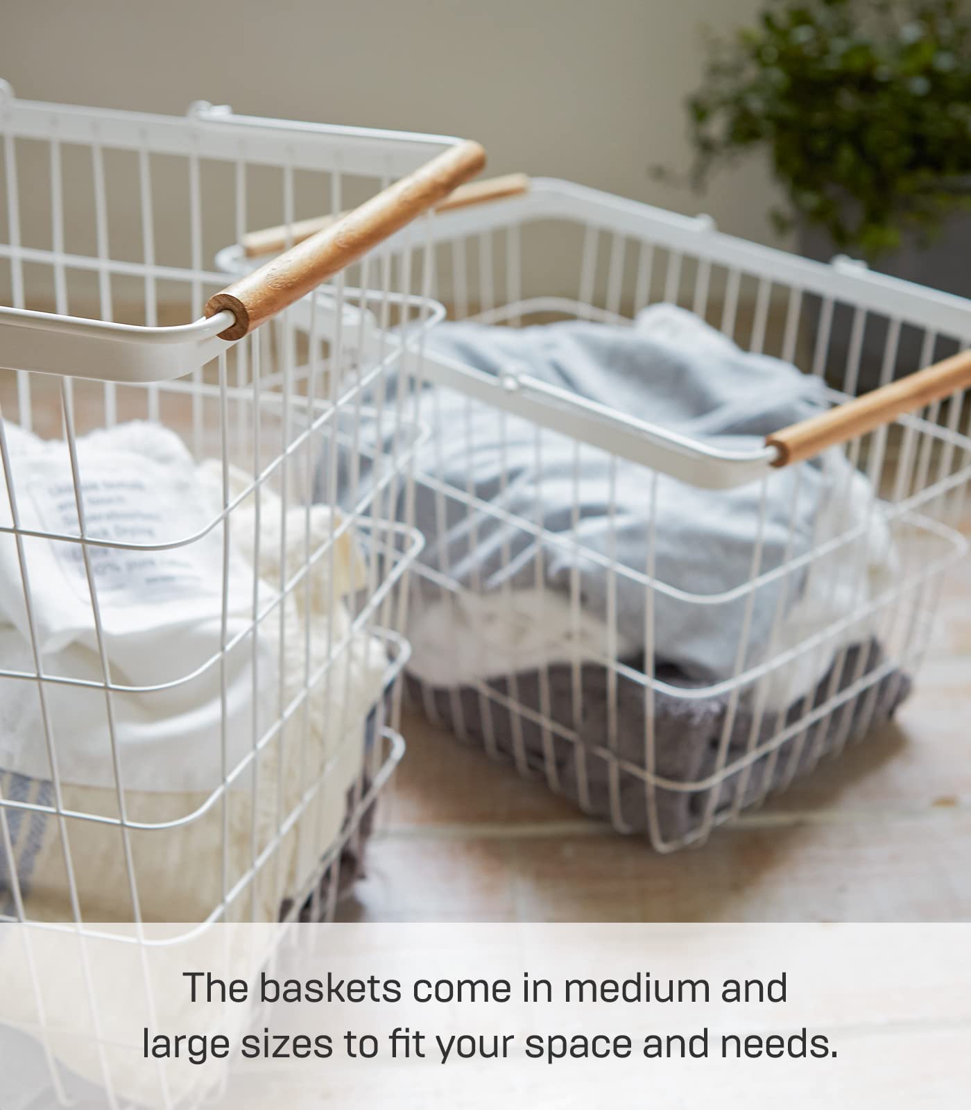 Yamazaki Home Tosca Laundry Basket - Laundry Basket With Wooden Handles - Large, 15'' - Steel + Wood - 8.7 Gallons, 33 Liters