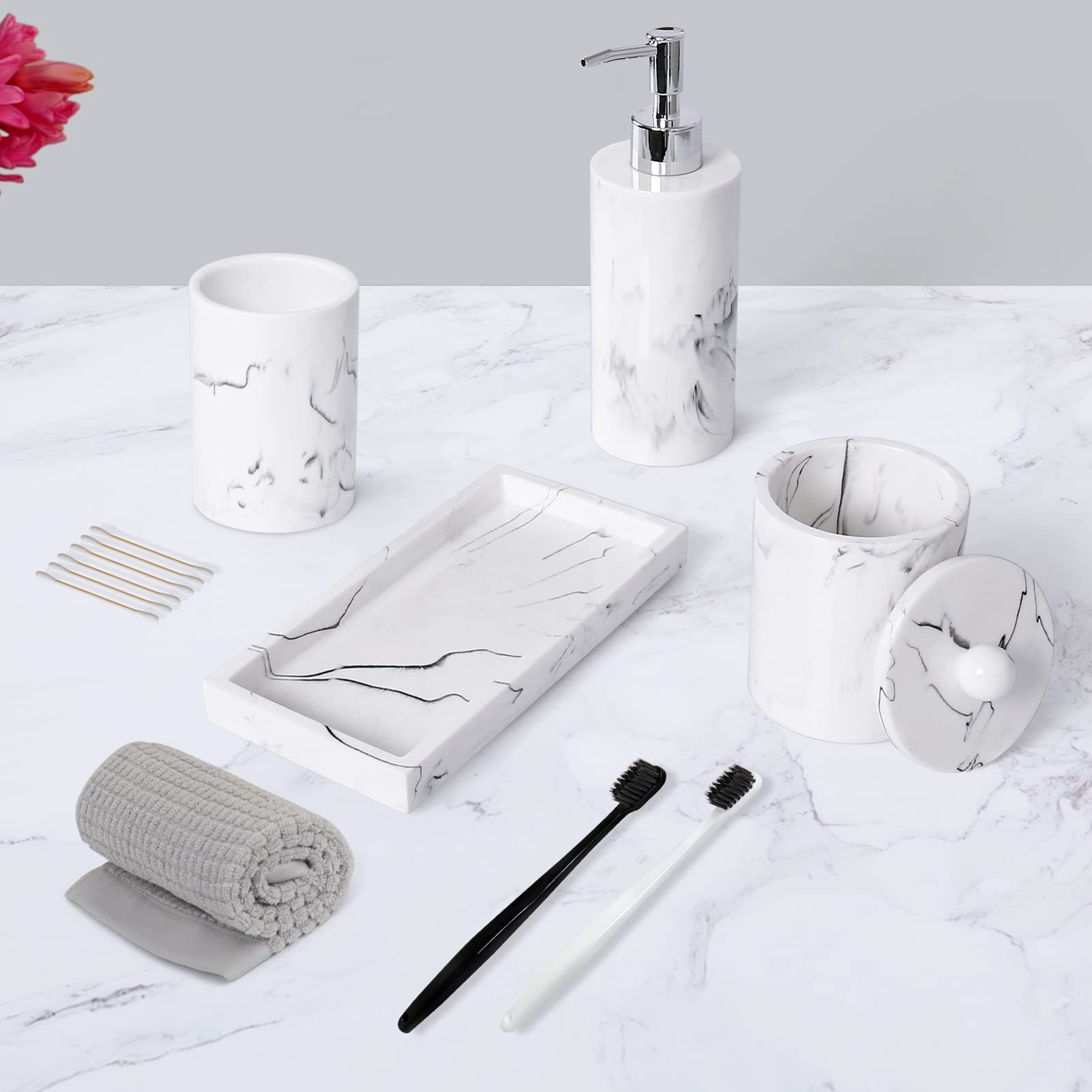 Haturi Bathroom Accessory Set, 4 Pcs Marble Look Bathroom Accessories Sets Complete With Soap Dispenser, Toothbrush Holder, Apot