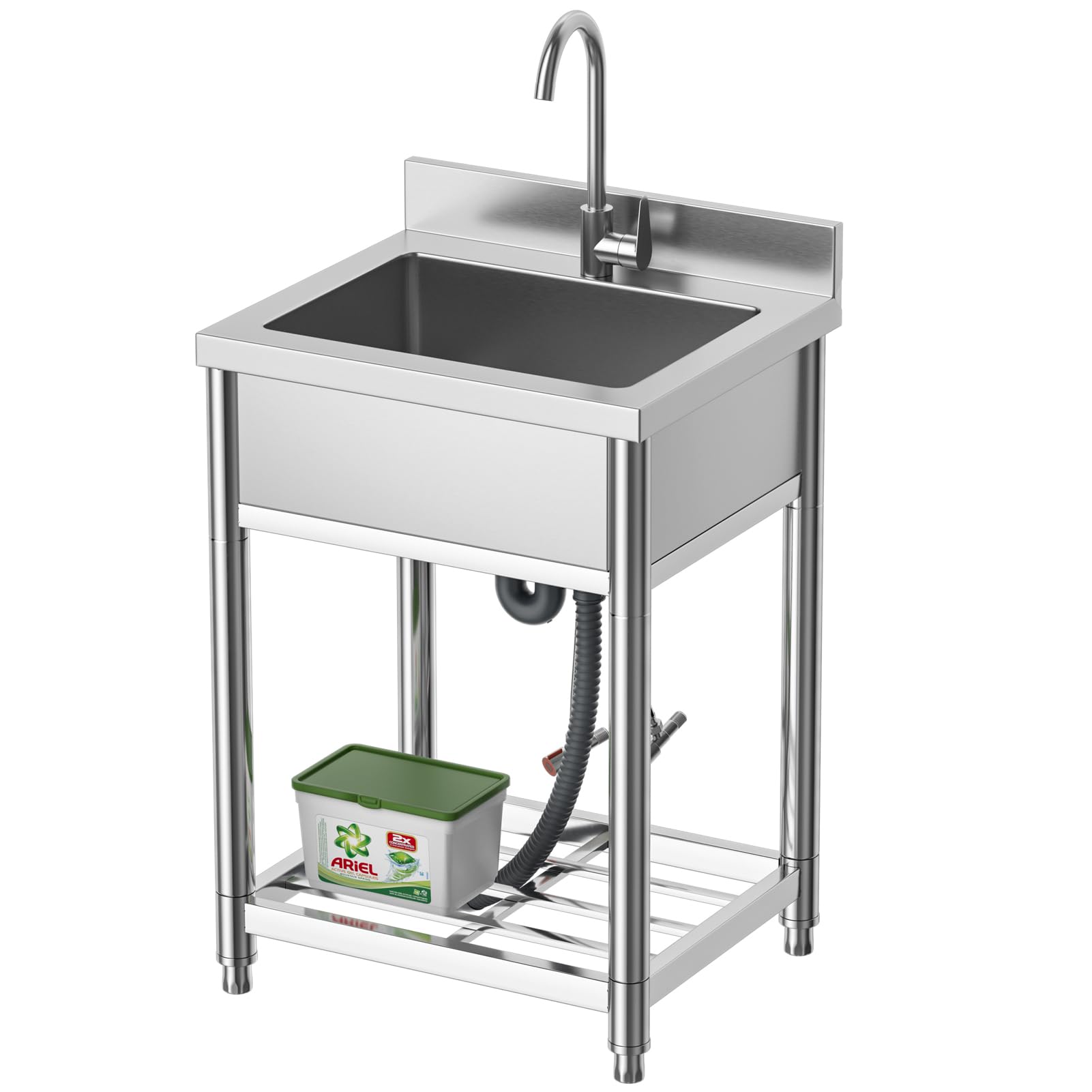 Stainless Steel Commercial Kitchen Sink, Free Standing, Single Bowl Sink Basin With Cold & Hot Water Faucet, Indoor And Outdoor