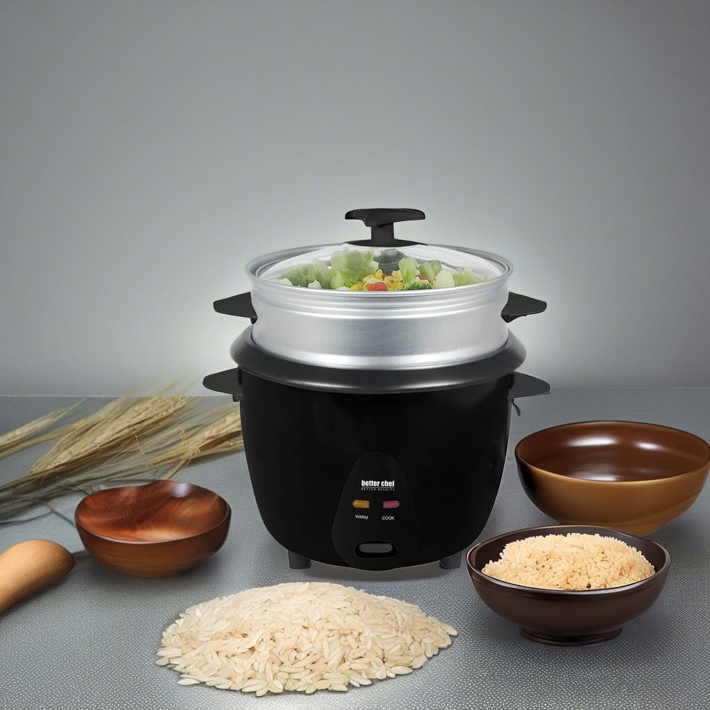 Better Chef Basic Rice Cooker With Food Steamer | Glass Lid | Non-Stick | Cool-Touch | Paddle And Cup Included (10-Cup, Black)