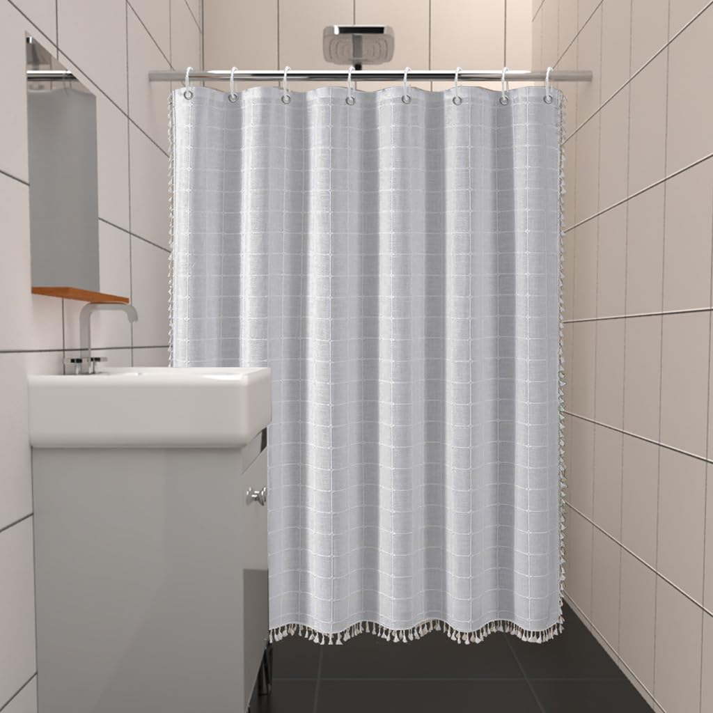 Ggaimwf White Striped Fabric Shower Curtains Farmhouse Boho Plaid Luxury Bath Curtains For Bathroom Bohemian Neutral With Tassel