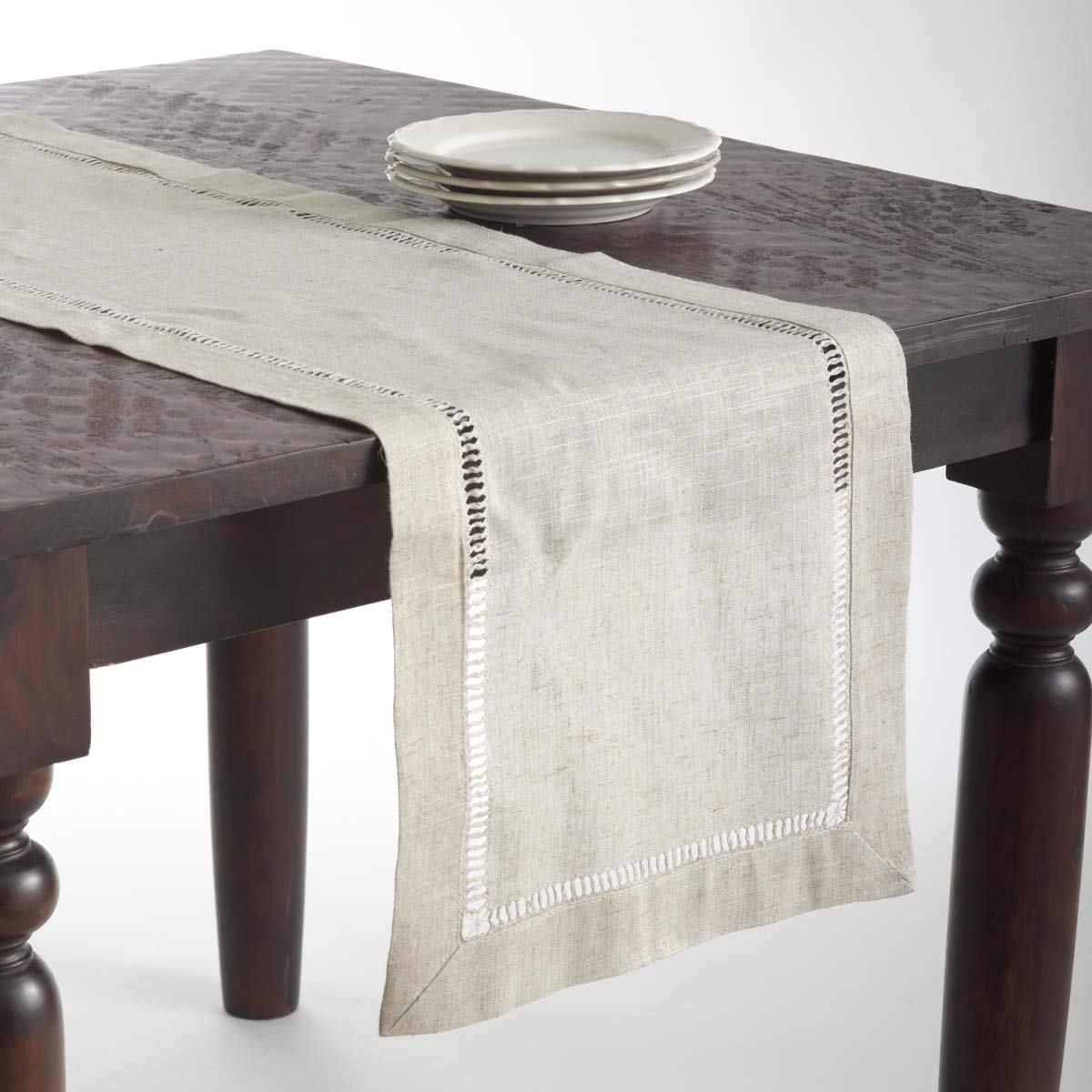 Saro Lifestyle Poly And Linen Blend Hemstitched Table Runner With Hemstitch Border, Natural, 18''X108''