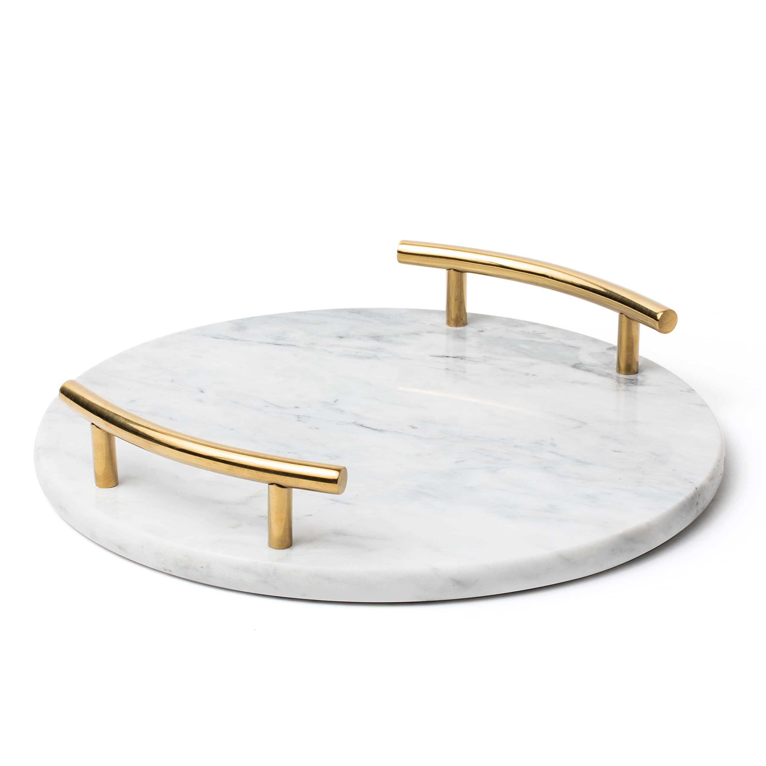 White Marble Tray With Gold Handles  Decorative Round Marble Vanity Tray