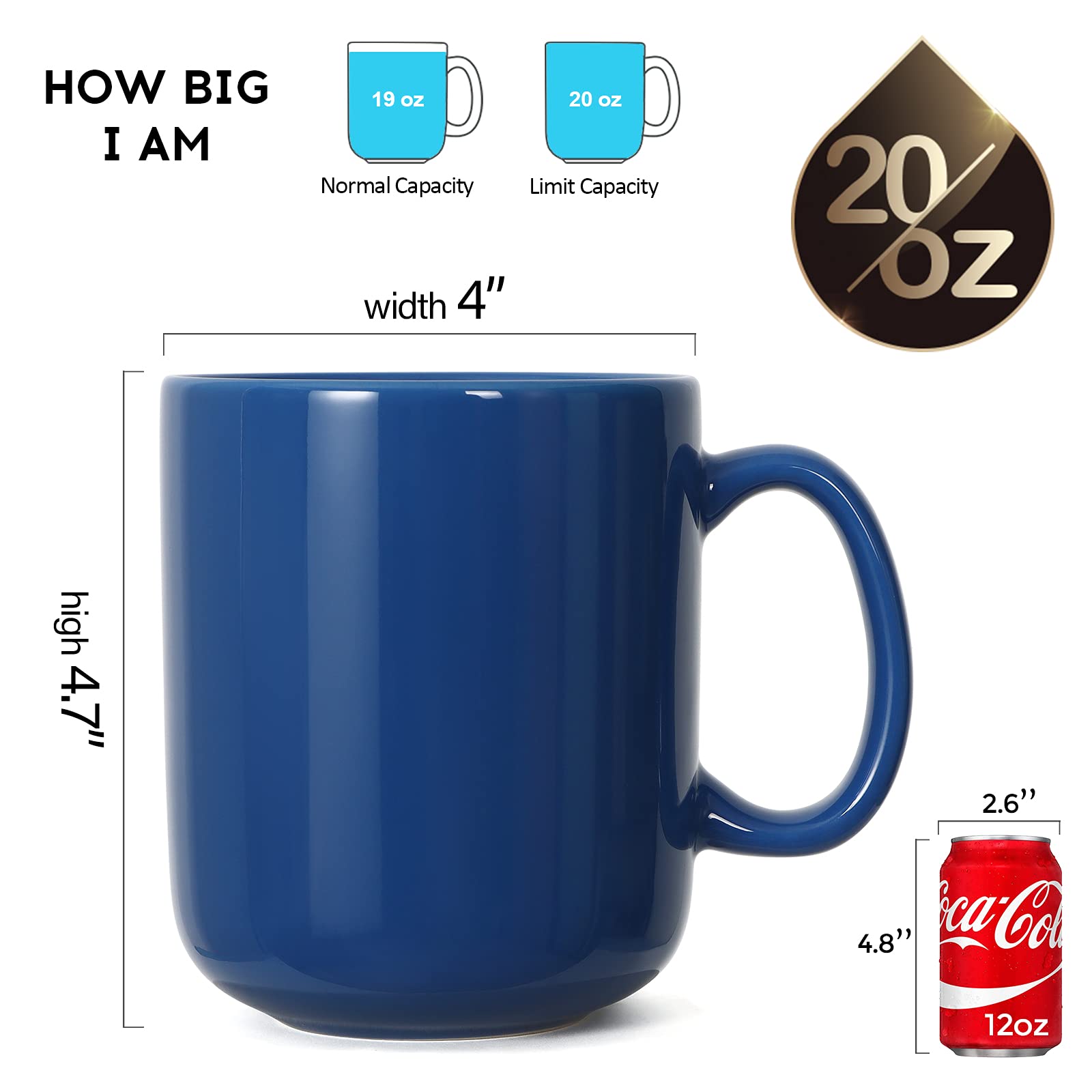 Harebe 20 Oz Large Coffee Mug, Smooth Ceramic Tea Cup For Office And Home, Big Capacity With Handle, Blue