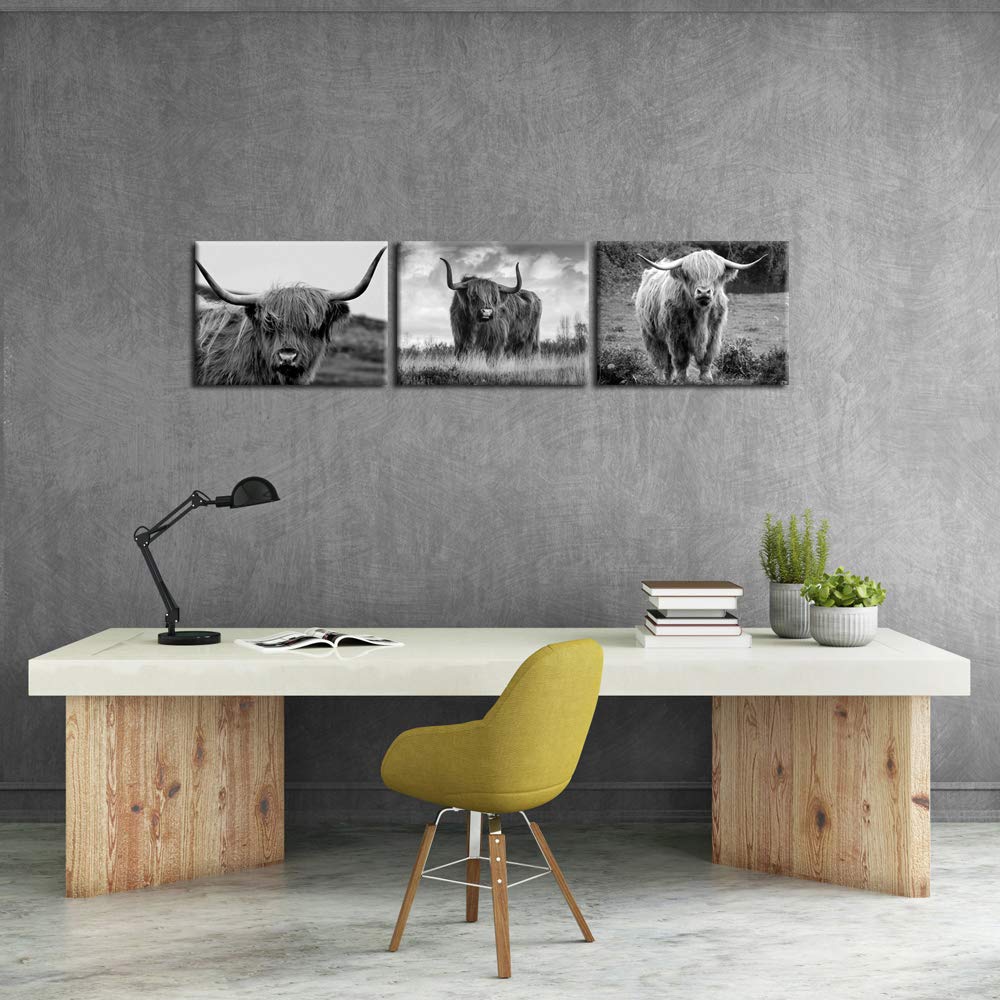iKNOW FOTO Canvas Print Wall Art Black and White Freedom Highland Cow Pictures Painting for Living Room Bedroom Modern Home Decor Ready to Hang Stretched and Framed Artwork 12x16inchx3pcs