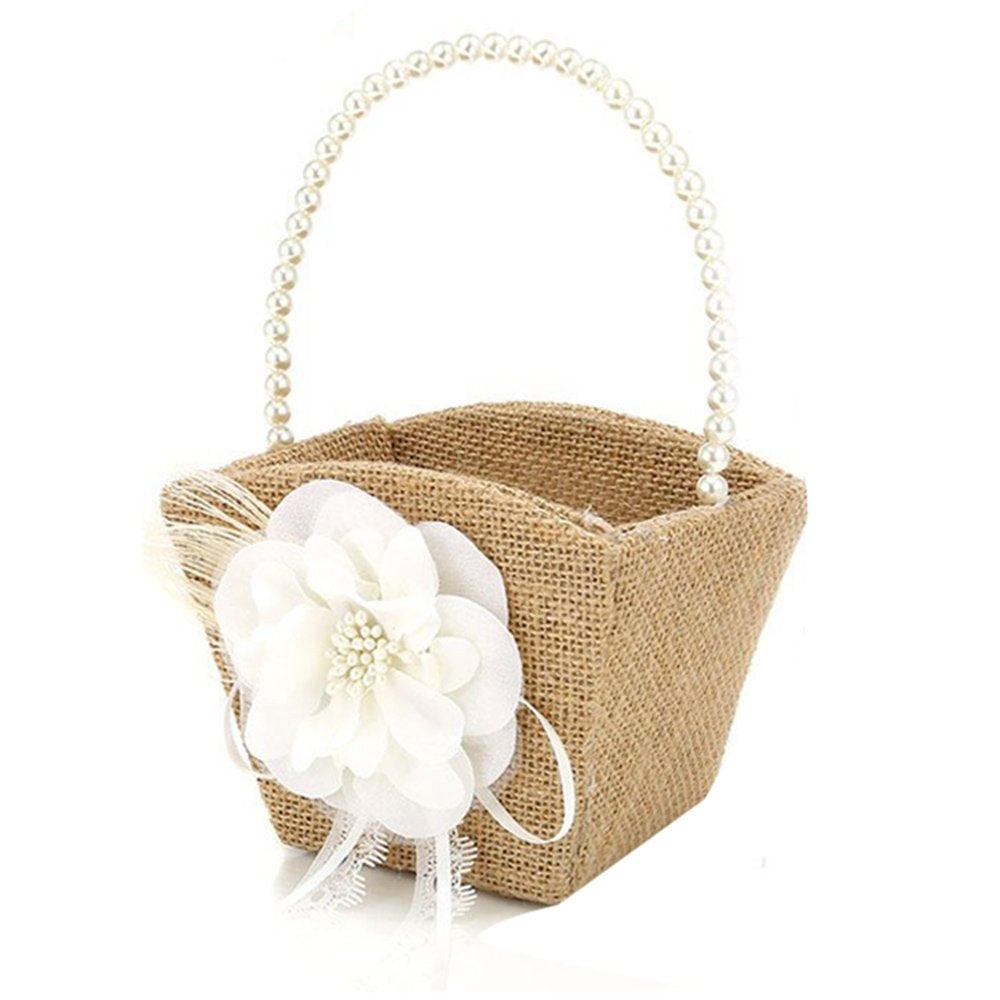Bodosac 2PCS Burlap Flower Girl Basket Pearl Handle For Vintage Rustic Wedding CeremonySmall