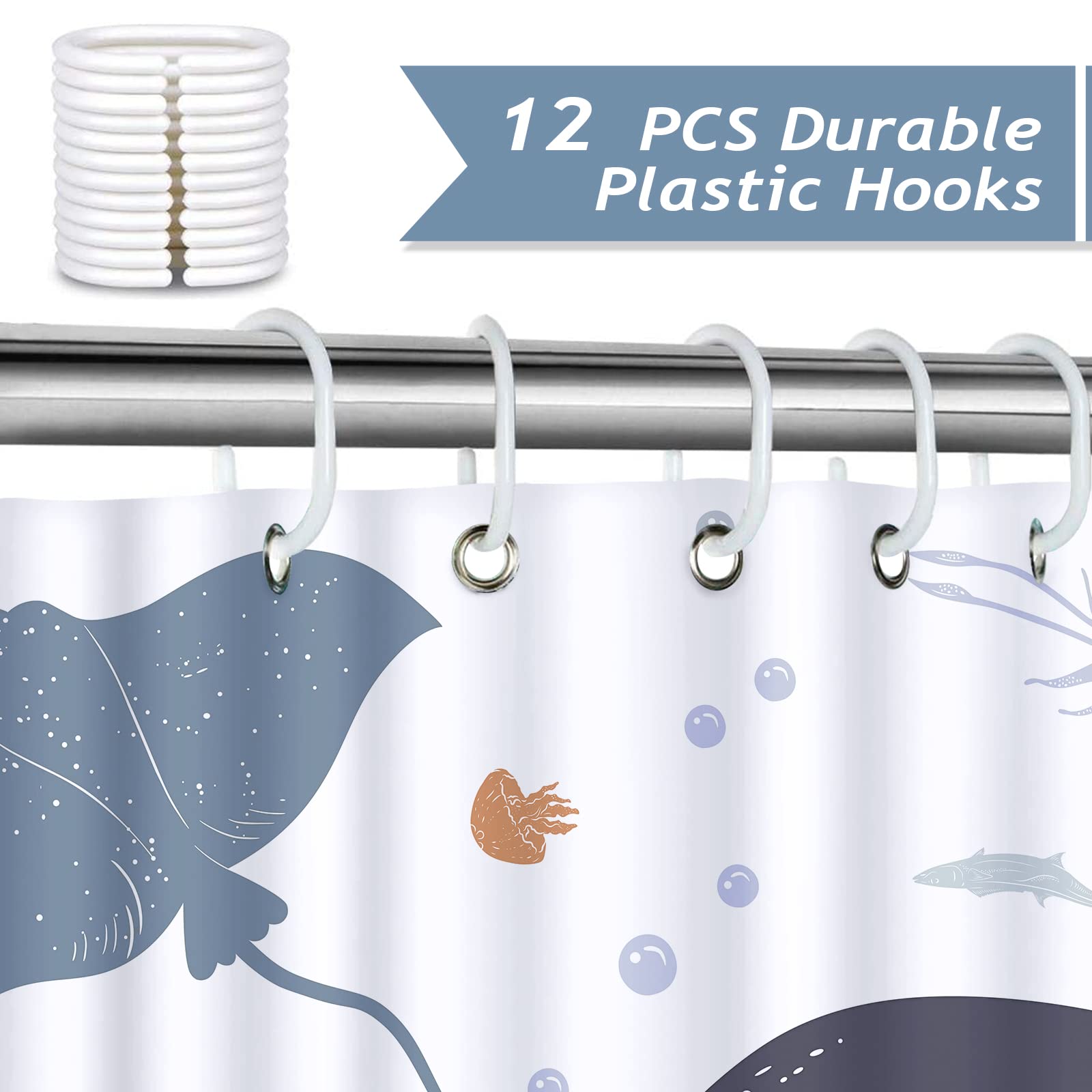 Bonhause Whale Fish Shower Curtain for Kids Sea Animal Decorative Bath Curtain 72 x 72 Inch Polyester Fabric Waterproof Bathroom Curtain with 12 Hooks