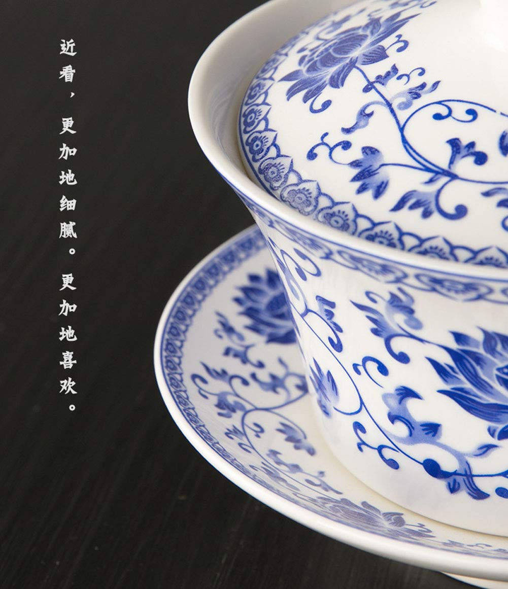 Liang Baobao Traditional Gaiwan Tea Set With Lid And Saucer Gongfu Tea Cup Porcelain Blue Lotus Design Teacups 200Ml