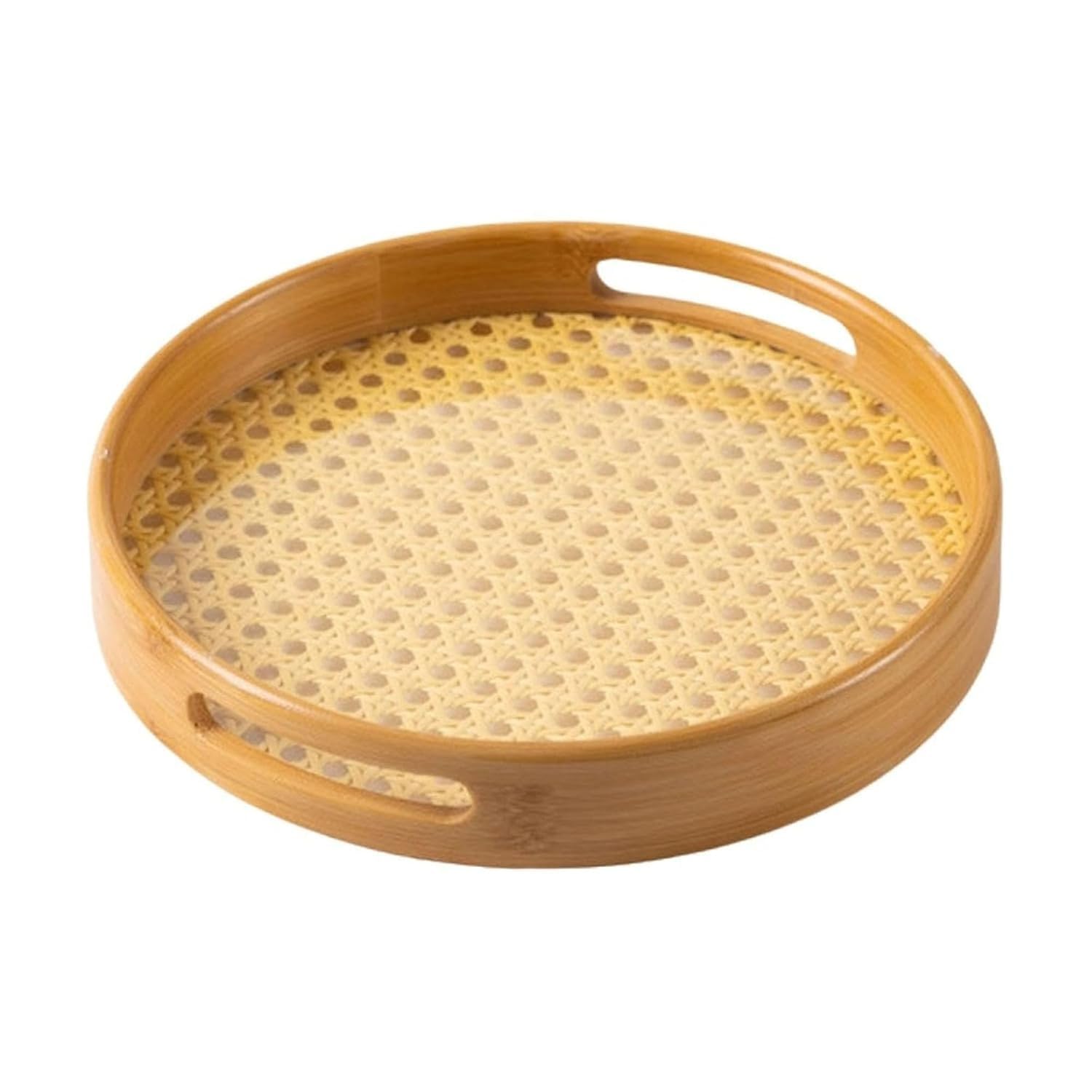 Bamboo Serving Tray With Handles Round Rattan Cane Woven Tray EcoFriendly Wooden Serving Platter For Coffee Table Breakfast Kit