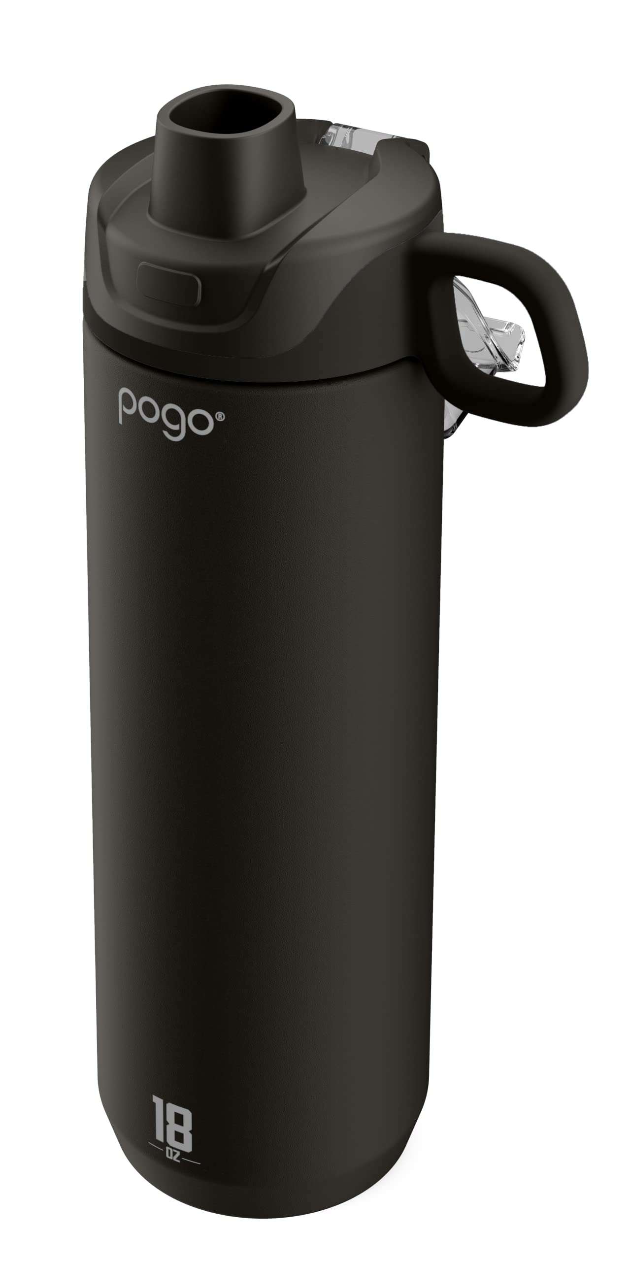 Pogo Active Vacuum Insulated Stainless Steel Water Bottle With Leak Proof Chug Lid And Silicone Carry Loop, Powdercoat, Black, 1