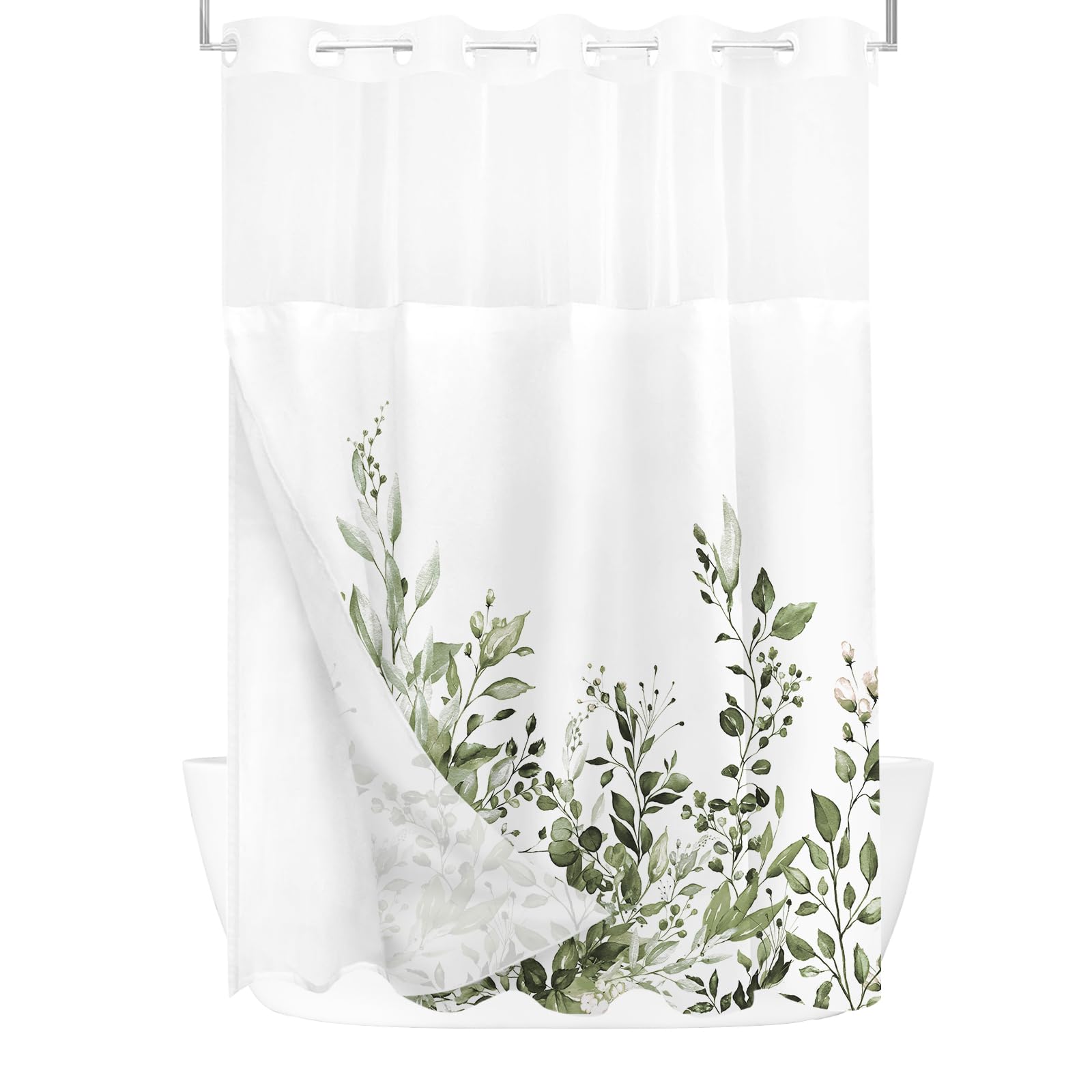 Tititex No Hooks Snap In Liner Olive Green Eucalyptus Leaves Shower Curtain Sets, Hotel Luxury Double Layers Waterproof Fabric &