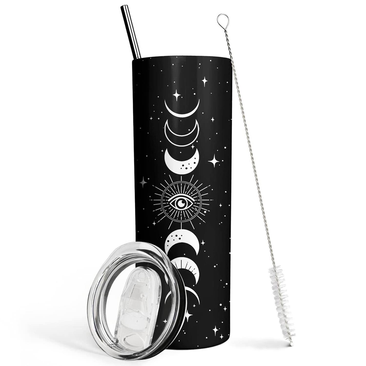 Goth Moon Tumbler With Lid And Straw, Moon Phase Gothic Decor, Black Vacuum Insulated Stainless Steel 20 Oz Witchy Tumbler Cup-