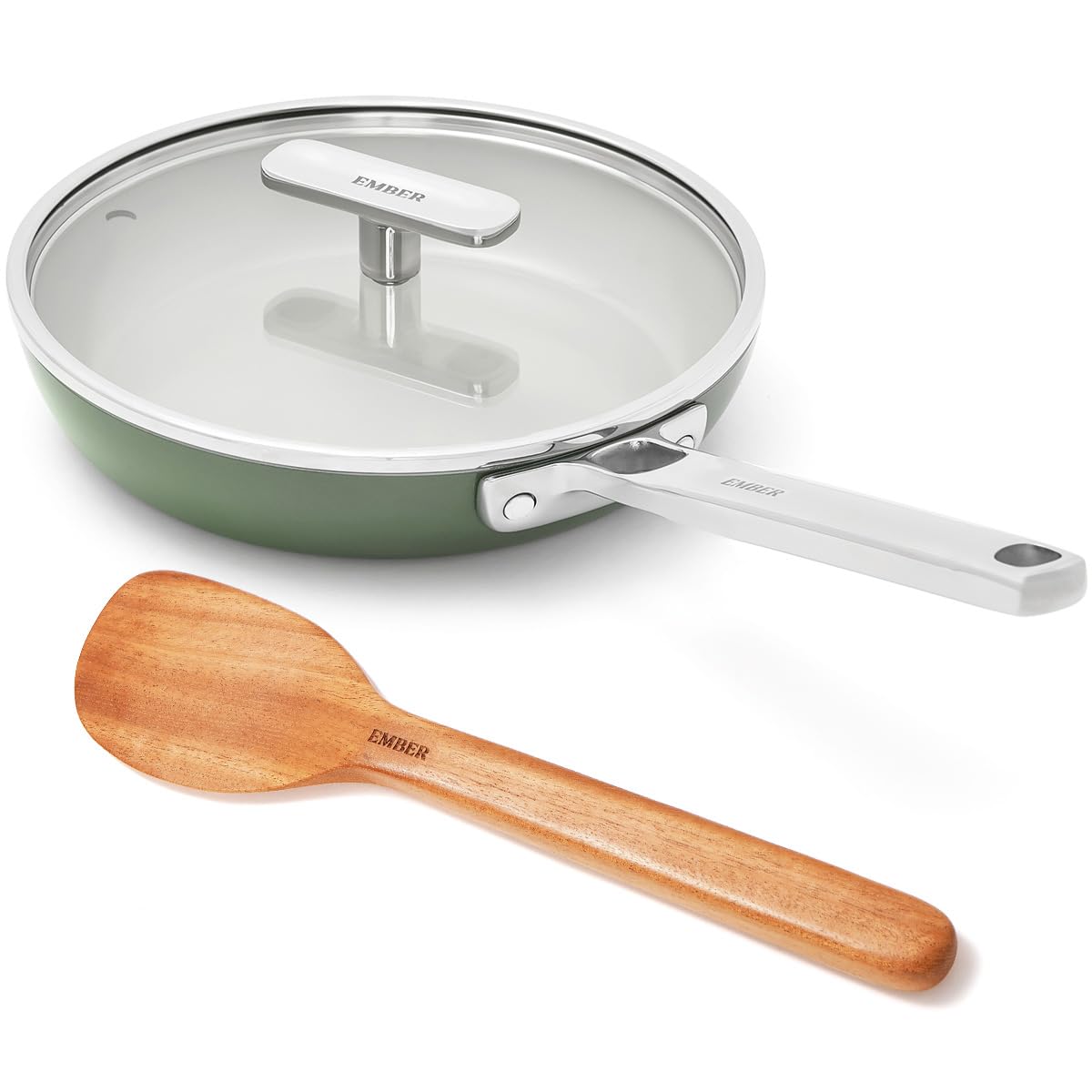 Ember Egg Pan 20cm with Stainless Steel Handle | Non Toxic | Non Stick Pan with Glass lid- Green
