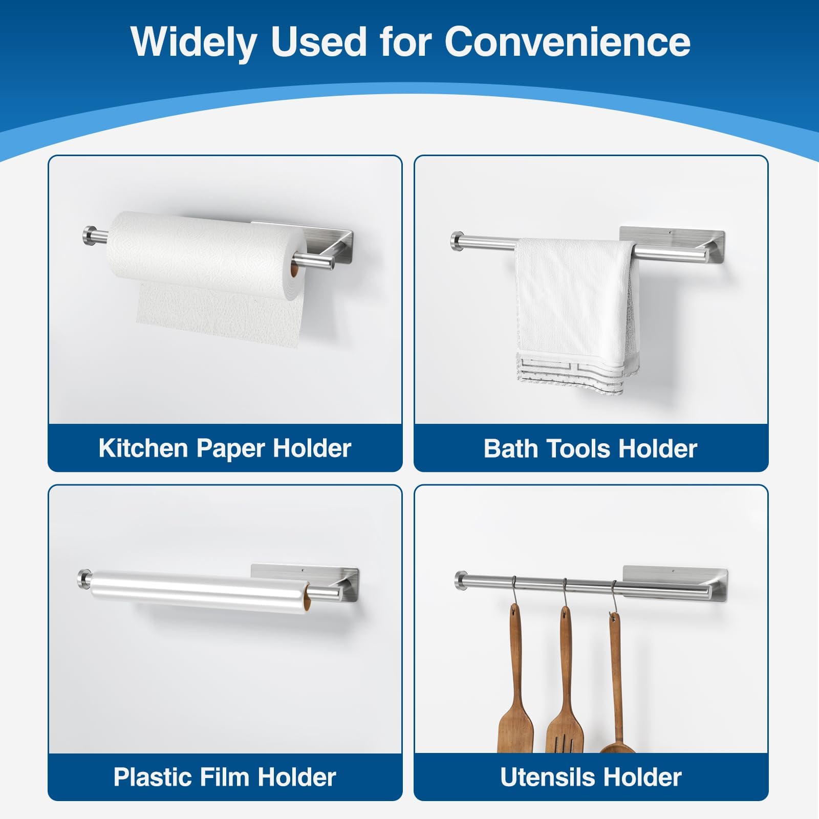 Paper Towel Holder - Self-Adhesive Or Drilling, Brushed Nickel, Wall Mounted, Sus304 Stainless Steel Kitchen Roll Dispenser Unde