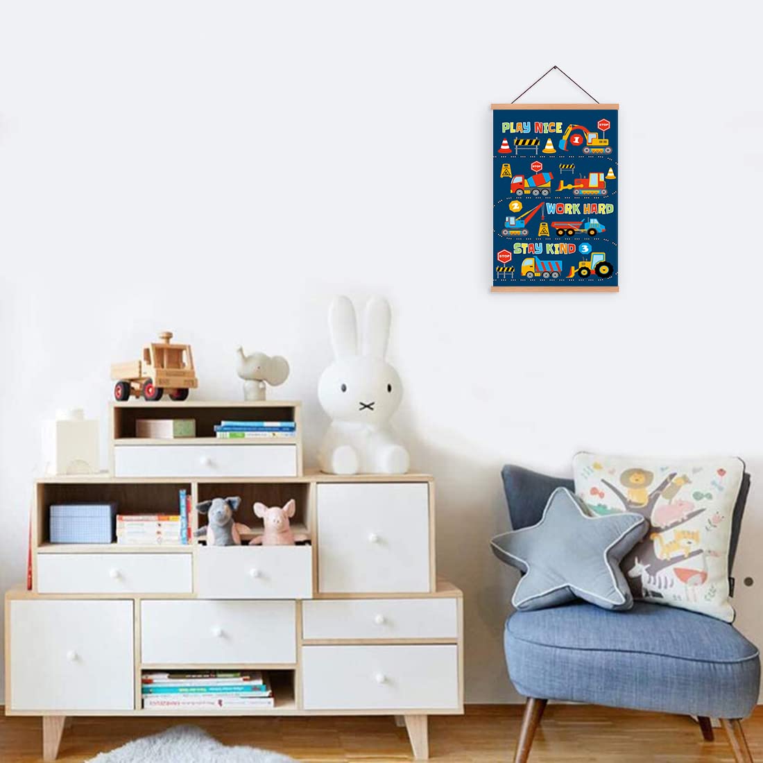 CHDITB Transport Vehicle Art Print Construction Magnetic Natural Wood Hanger Frame Poster Canvas Inspirational Quote-Play Nice Work Hard Stay Kind Painting 28X45cm Wall Hanging for Nursery Decor