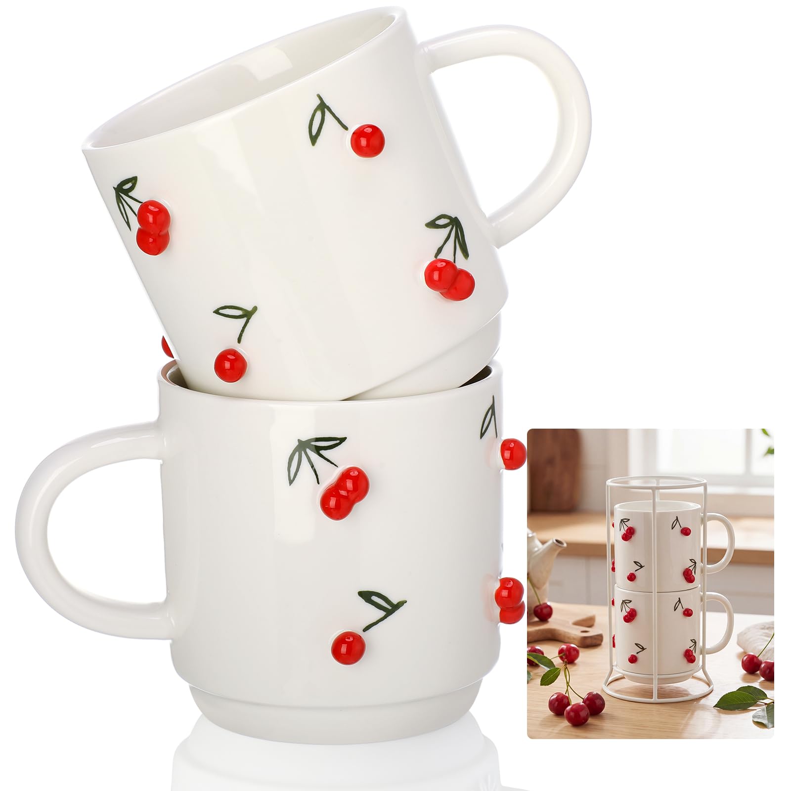 LemonRoad 2 Pcs Cherry Ceramic Coffee Mugs Handmade Pottery Coffee Cup 12 oz Stackable Cute Summer Mugs with Handle for Spring S