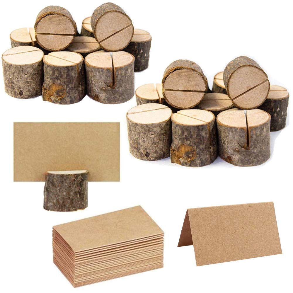 20Pcs Rustic Wood Table Numbers Holder And 30Pcs Kraft Table Place Cards Wood Place Card Holder Party Wedding Table Name Card Ho