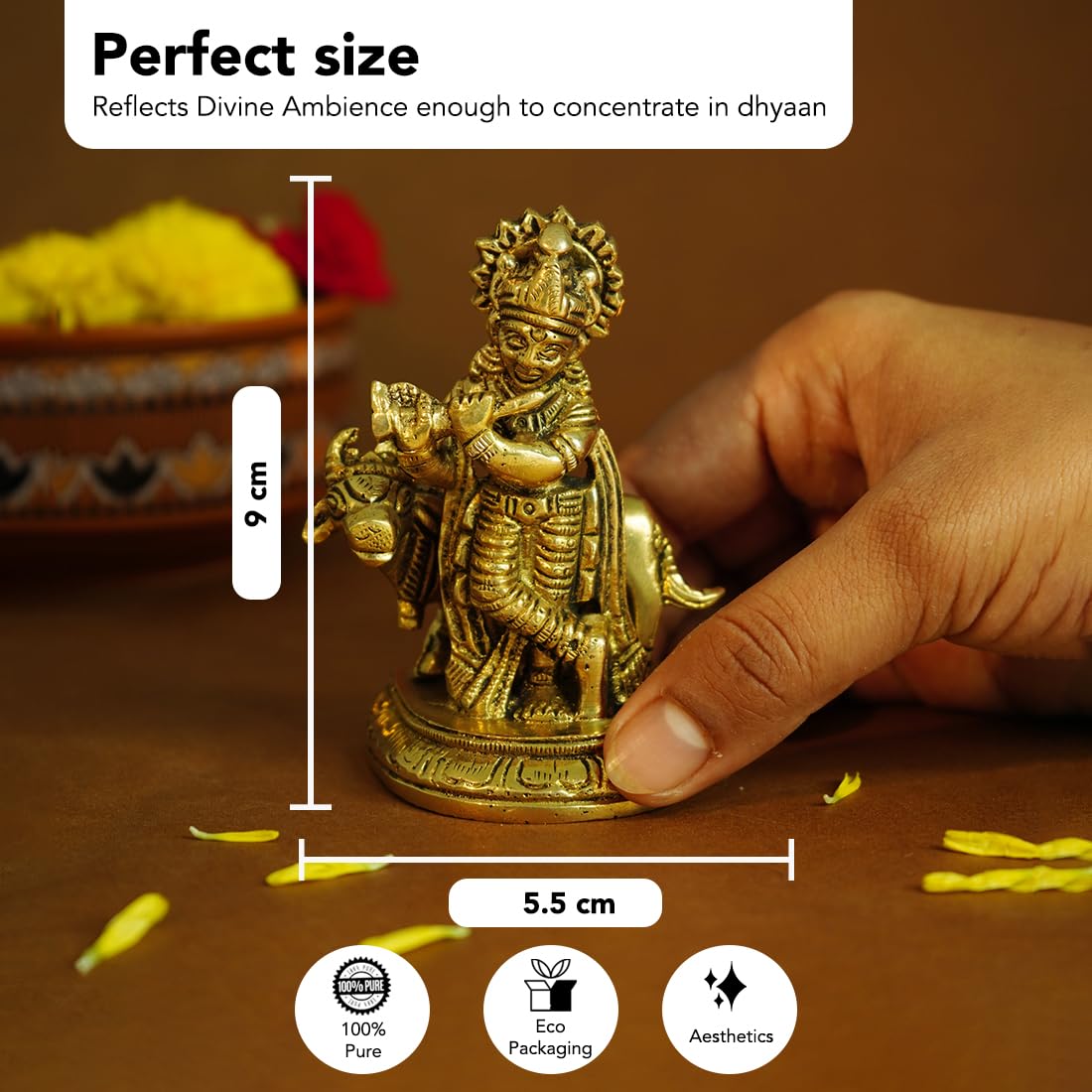 Ekhasa 100% Pure Brass Lord Krishna Idol with Flute (9 cm) | Shree Lord Krishna Statue for Home Decor | Kanha Ji ki Murti for Of