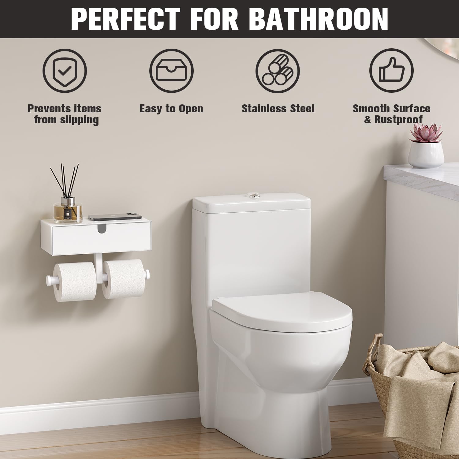 Tindbea Toilet Paper Holder With Storage - Stainless Steel Wall Mounted Toilet Paper Holder With Shelf, Flushable Wipes Holer Di