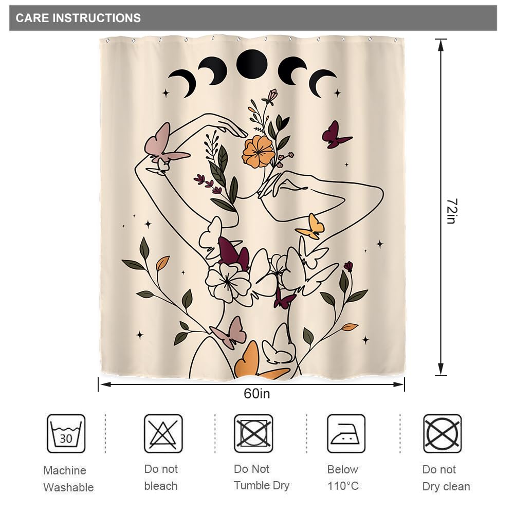 Riyidecor Abstract Woman Art Line Moon Phase Shower Curtain For Bathroom Decor 60Wx72H Floral Butterfly Body Modern Aesthetic Mi