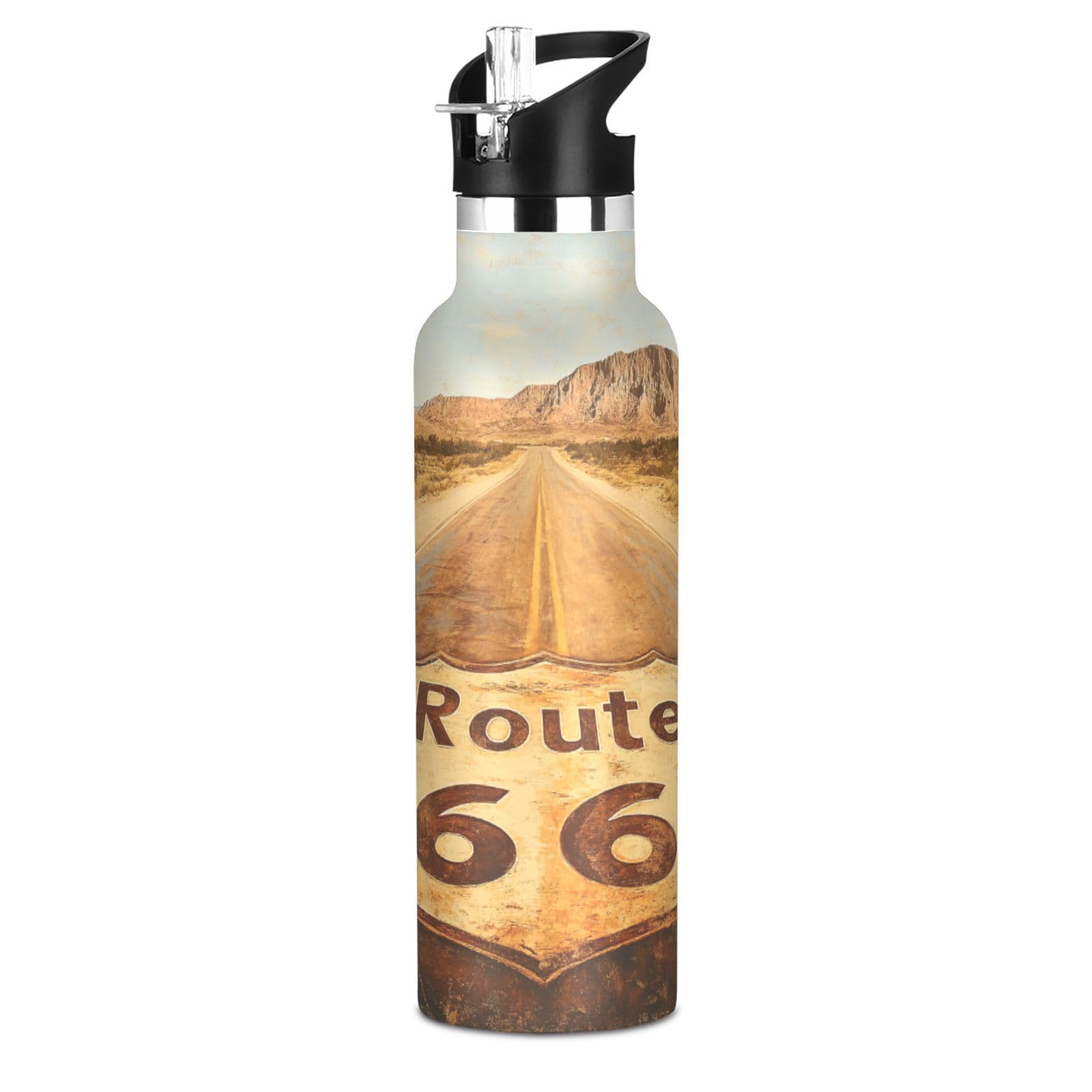 Selerdon Sports Water Bottle Route 66 Desert Road Stainless Steel Beverage Container 20 oz Coffee Cup with Detachable Straw & Le